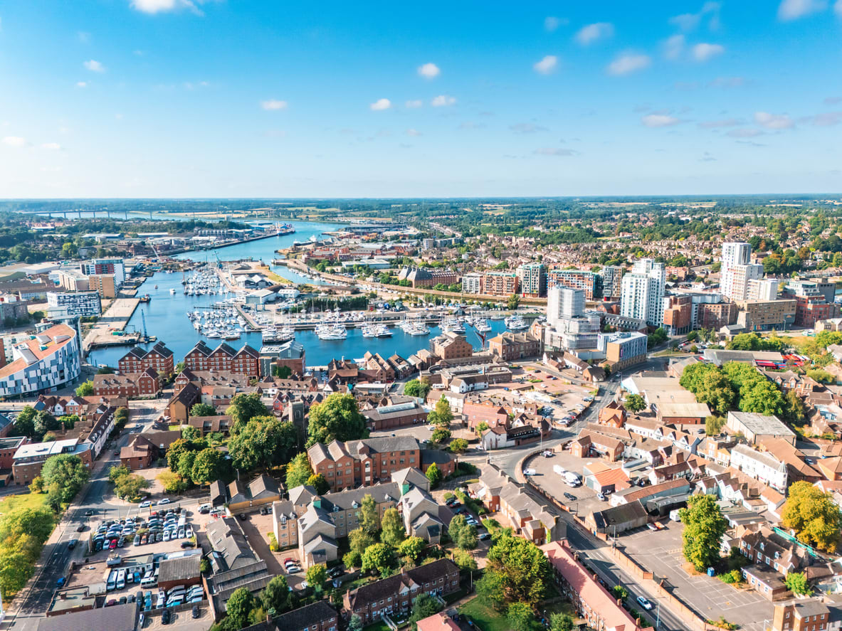 Aerial view overlooking Ipswich