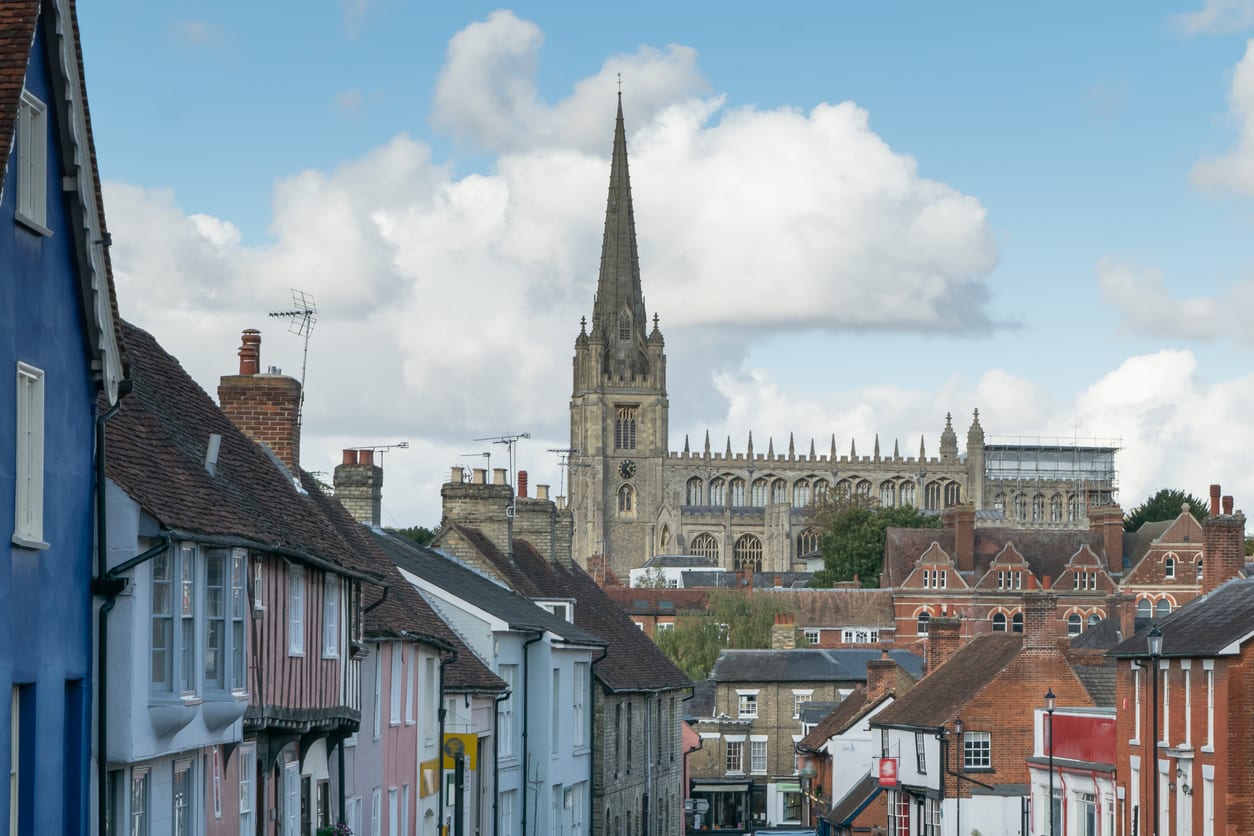 street view of Saffron Walden with Cathedral tower visible