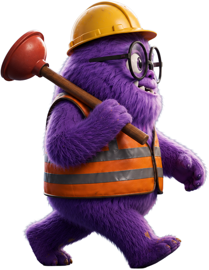 drainage monster walking with a plunger in his hand ready to unblock a blocked drain