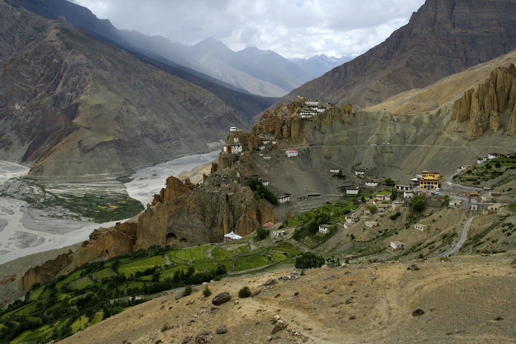 Spiti Valley landscape showing mountains and monasteries perched on rocky ledges