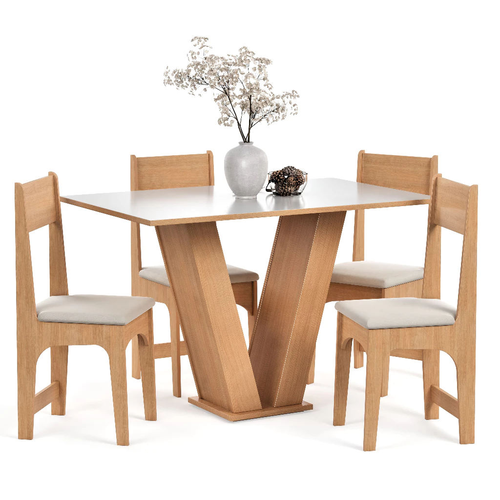 Montagem Conjunto Sala de Jantar Vivi 4 Lugares Mesa 110x75 + 4 Cadeiras MDF/MDP 