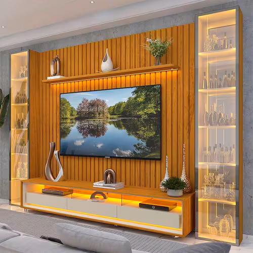 Montagem do Rack com Painel para Tv até 85" 3g2p Led/rodízios/esp 304,8cm 100% Mdf Nobre Clean/requinte/luminare Naturale/Off White - Marrom