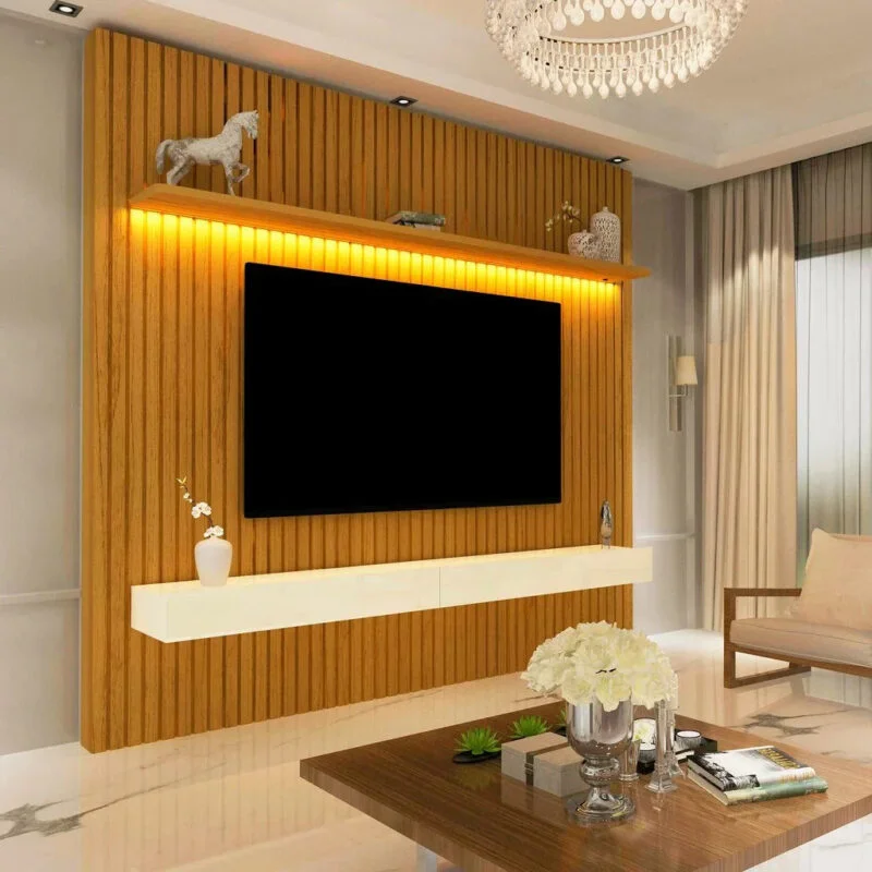  Montagem Do Painel Home Ripado para TV Até 75" com LED e 2 Gavetas - 100% MDF Naturale/Off White [Altura 2.50m]