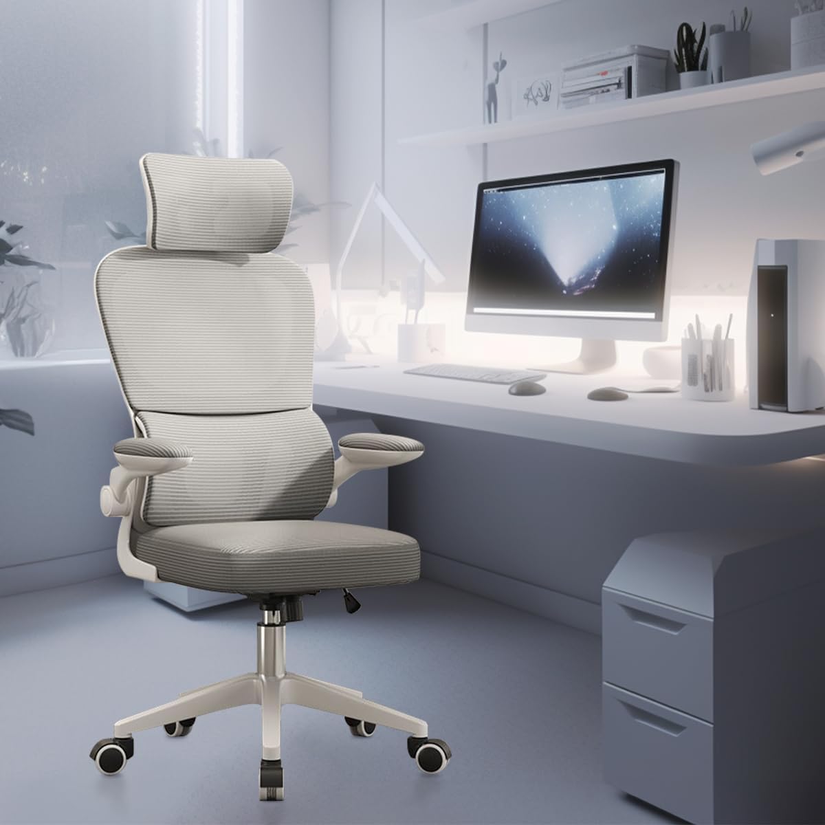 Montagem da Cadeira de escritório, design ergonômico com suporte lombar independente, malha respirável e encosto de cabeça ajustável (Cinza)