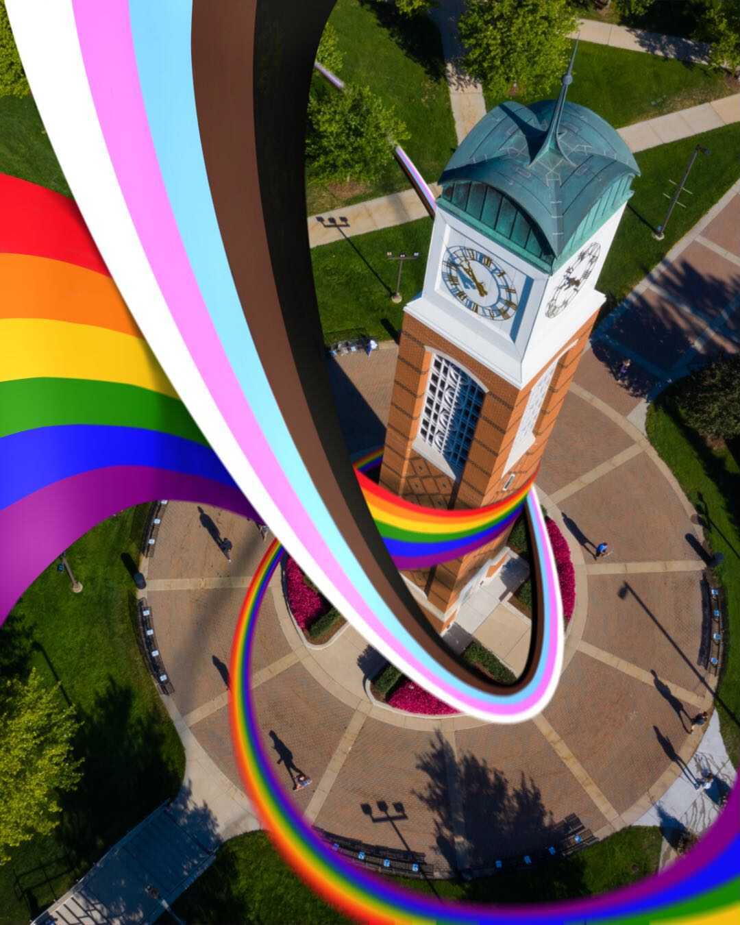 A drone photograph of a clocktower with two illustrated bands of color surrounding it, drawn in a realistic style.