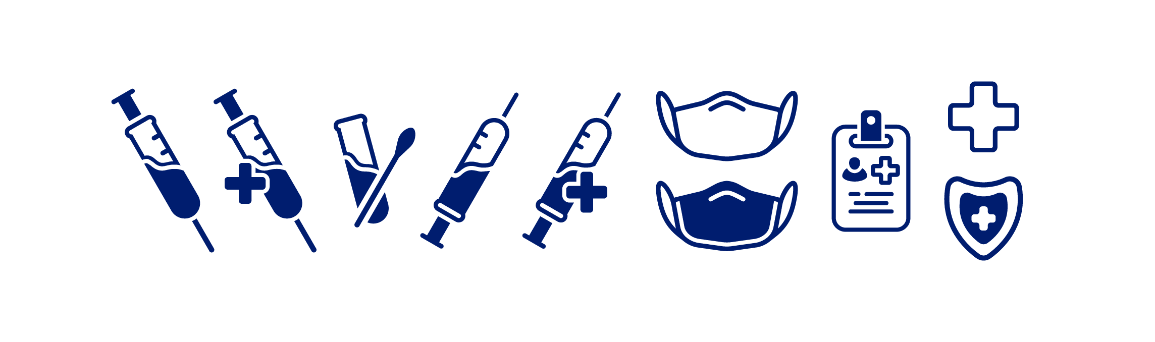 Icons of common objects found in medicine and regarding the COVID-19 pandemic, such as vaccines, nasal swab tests, masks, a medical ID badge and other common emblems.