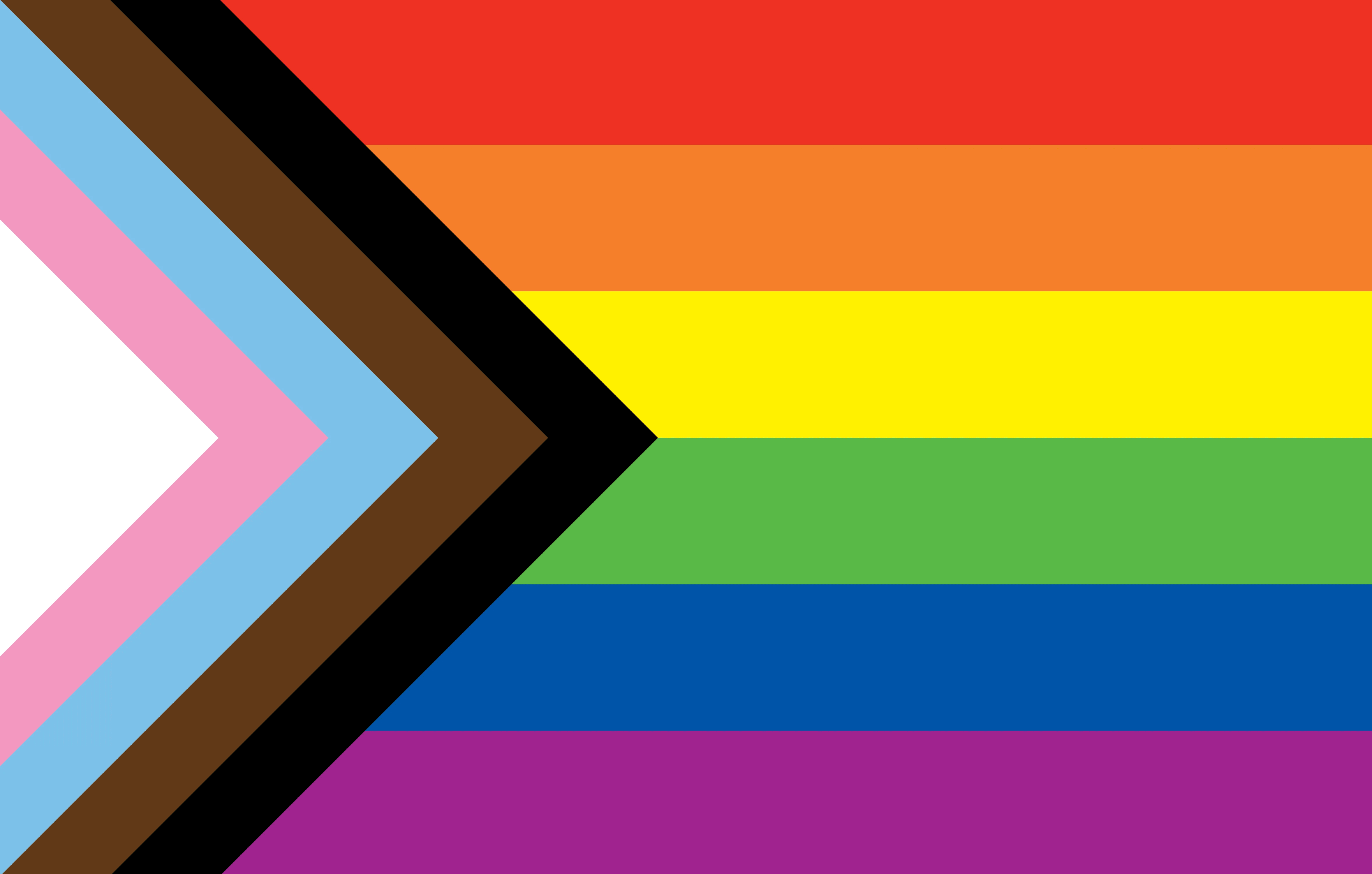 The traditional Pride (rainbow) flag, with a chevron to the left which includes black, brown, and Trans Pride bands of color.