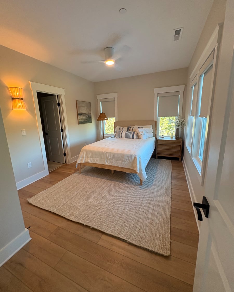 A bedroom made up and finished by The Broome Closet, Wilmington, NC.