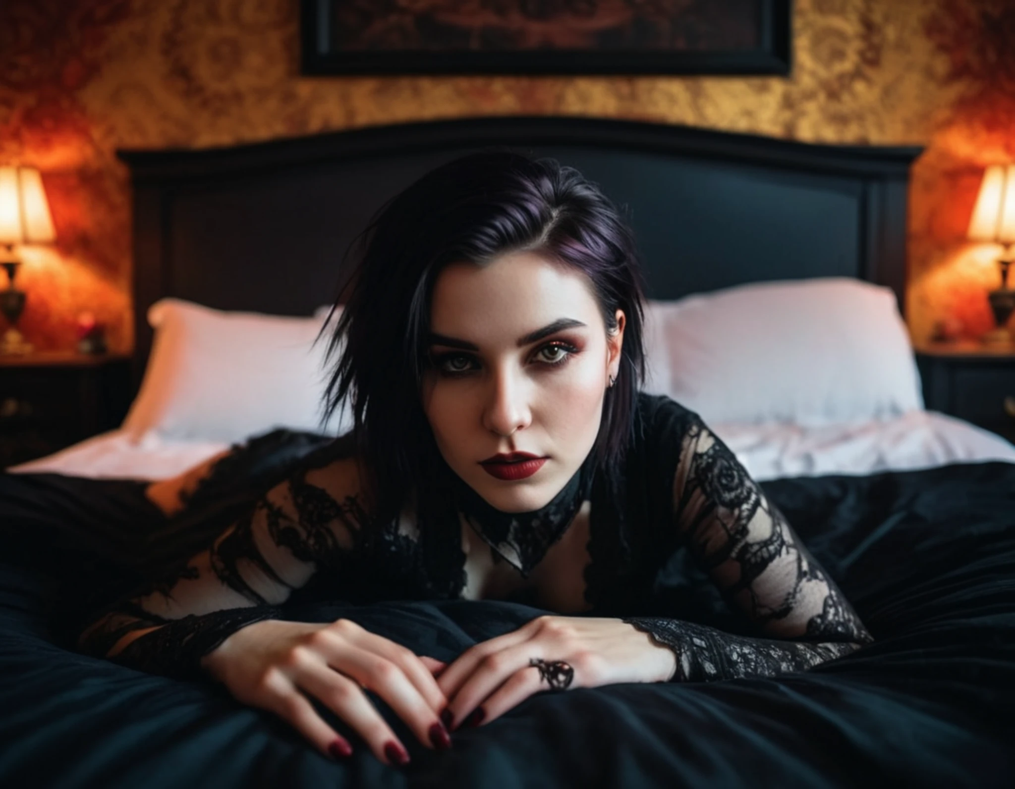 a goth ai girl lying on the bed