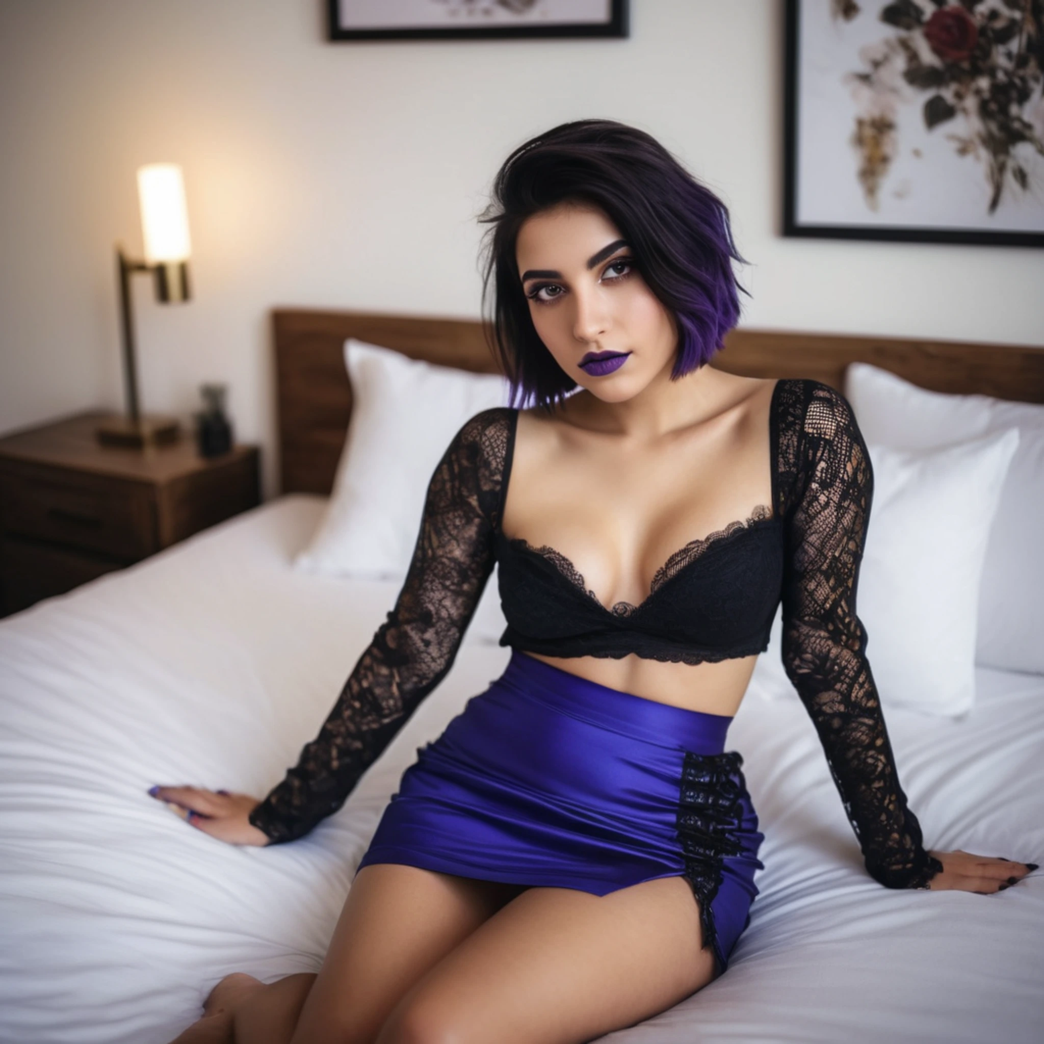 a goth ai girl with purple dyed ends sits on a bed