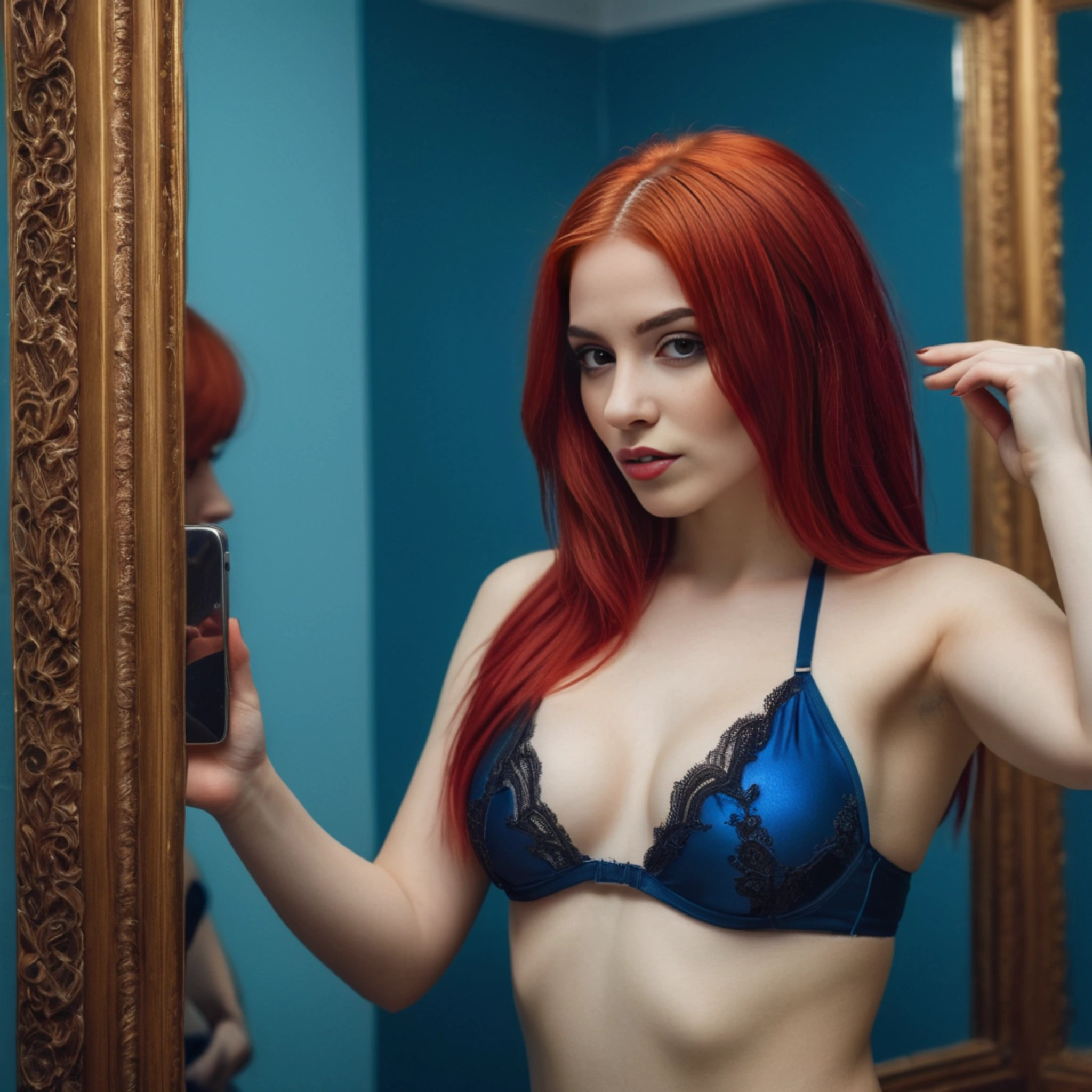 an ai girl with red hair taking a mirror bikini selfie