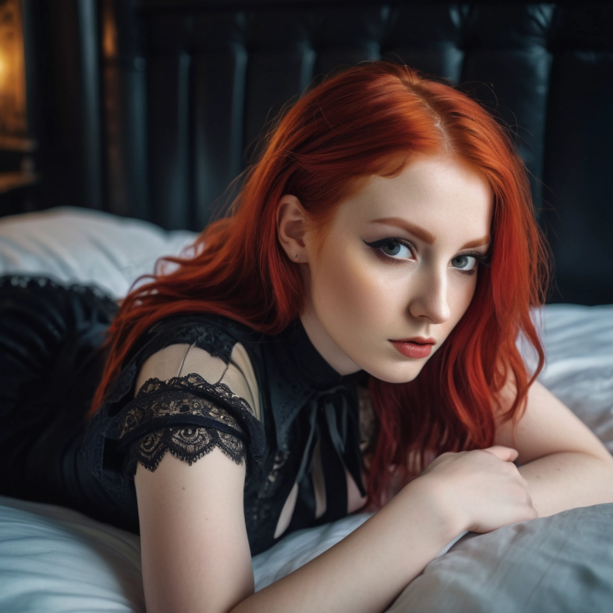 a red hair ai girl laying on a bed