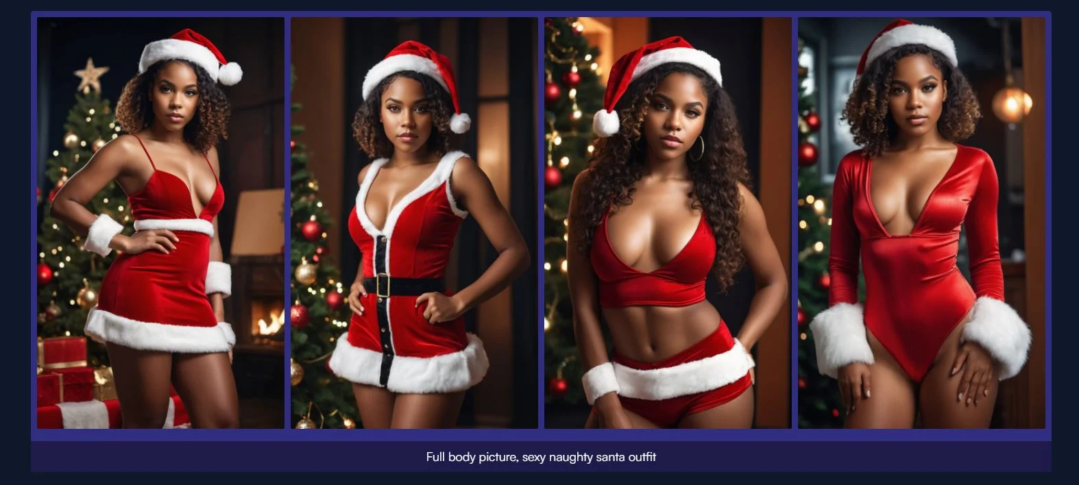 four images of a black ai girl wearing a sexy santa outfit