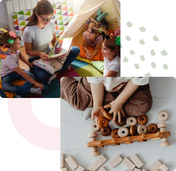 Mumma Chelles: educator reading with children and child playing with wooden toys