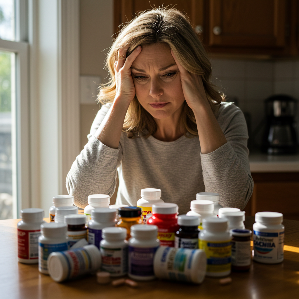 Woman looking tired and overwhelmed with supplements