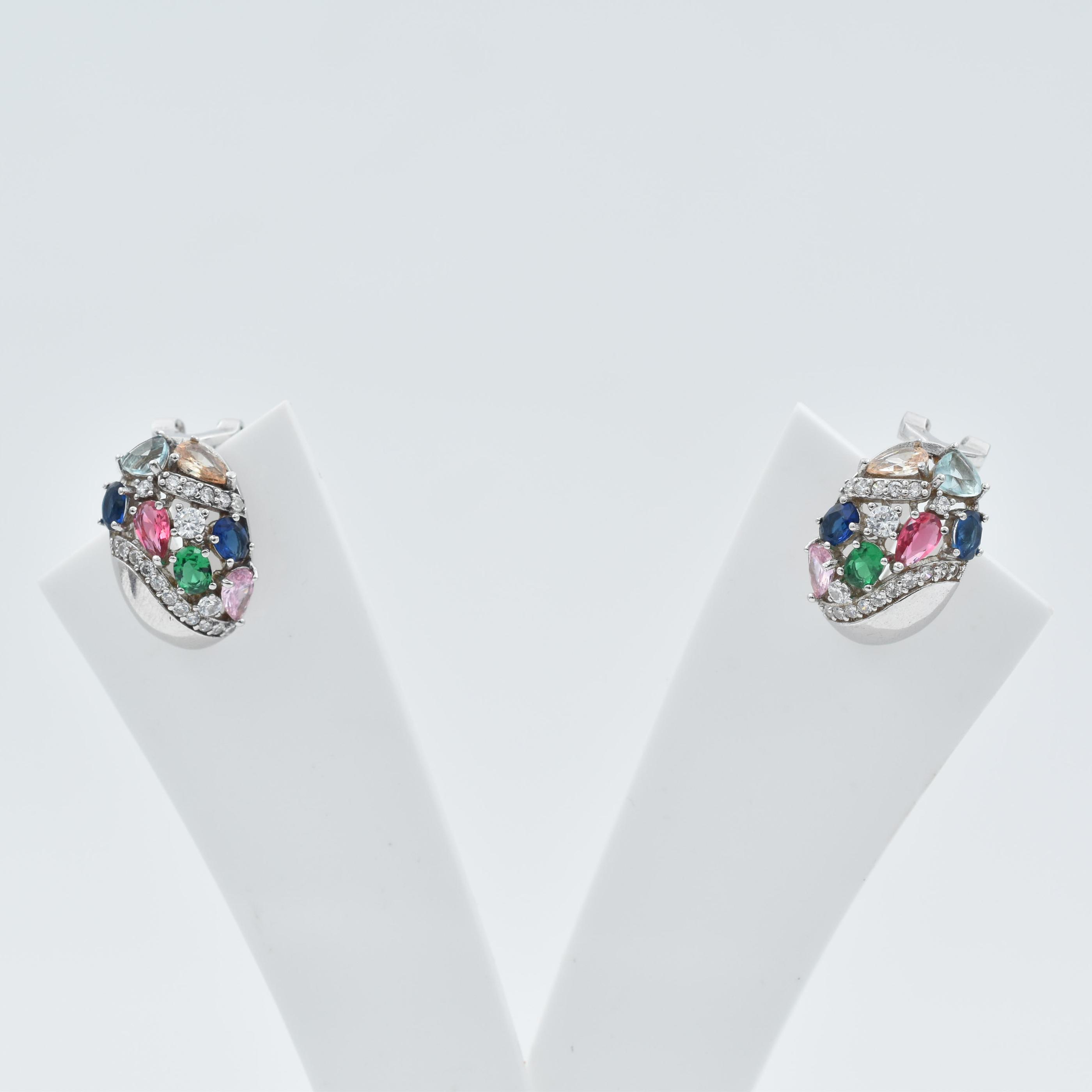 Sterling Silver Multicolor Crystal Studded Hoop Earrings