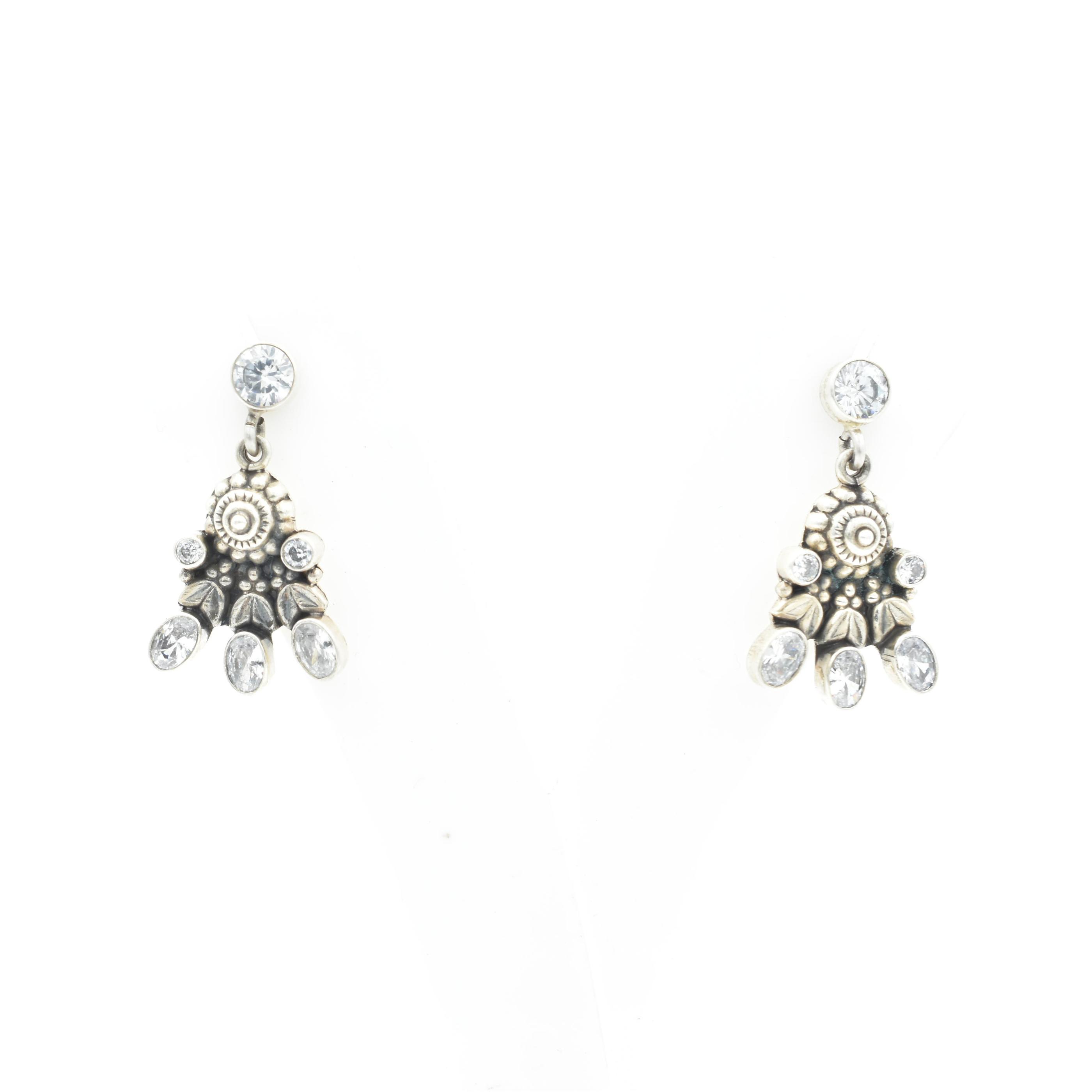 Sterling Sillver Floral White Stone Studded Drop Earring
