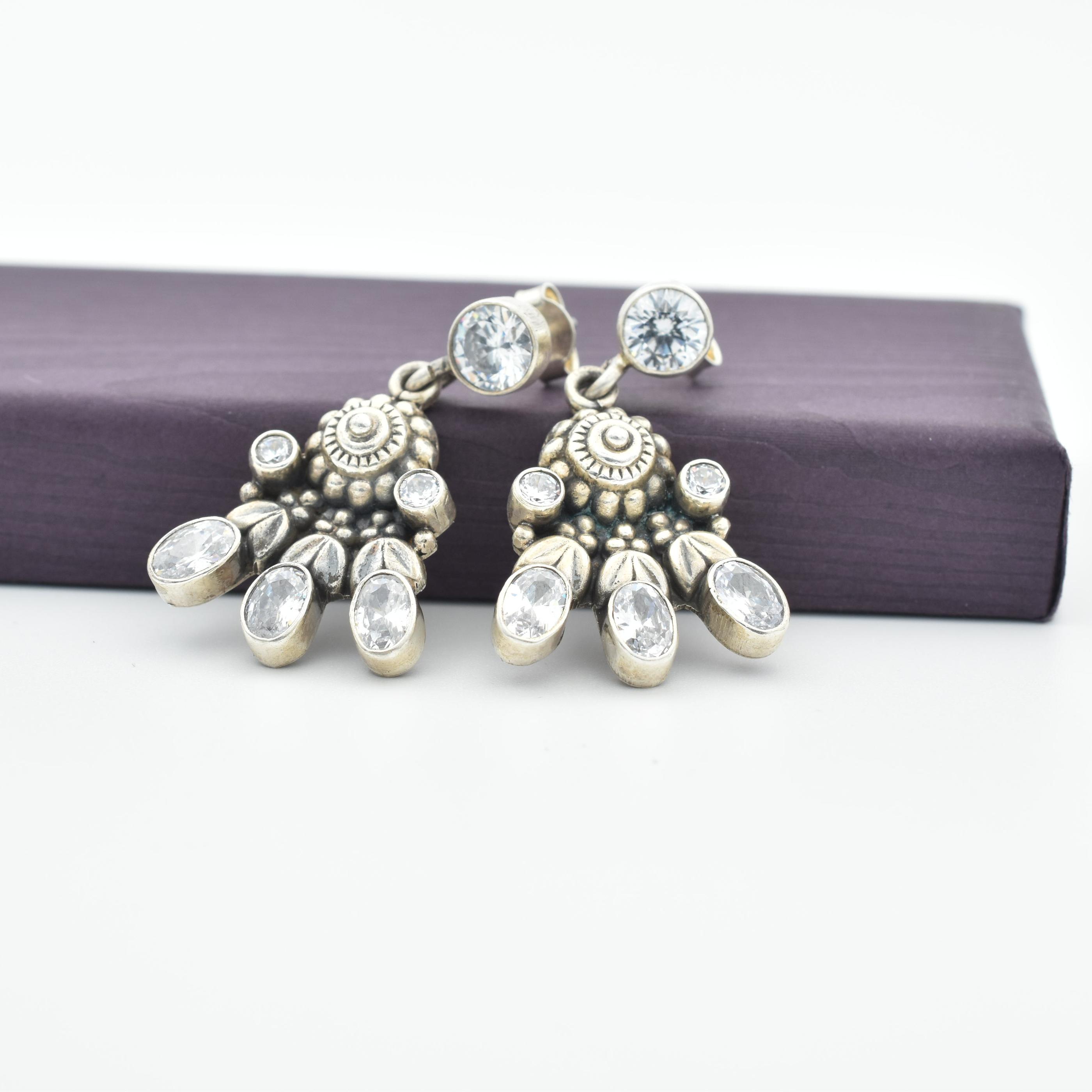 Sterling Sillver Floral White Stone Studded Drop Earring