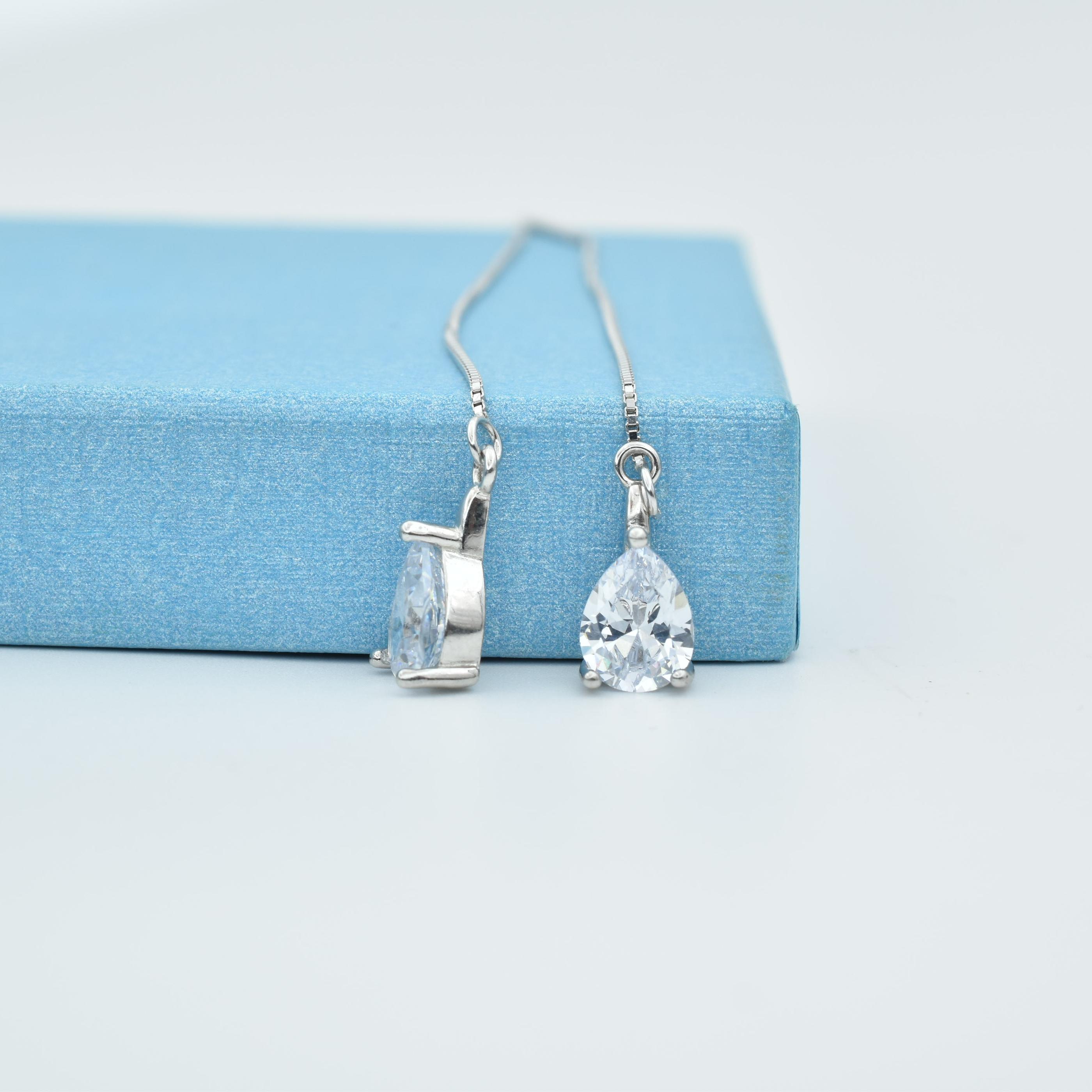 Sterling Silver Long Chain Crystal Drop Earrings