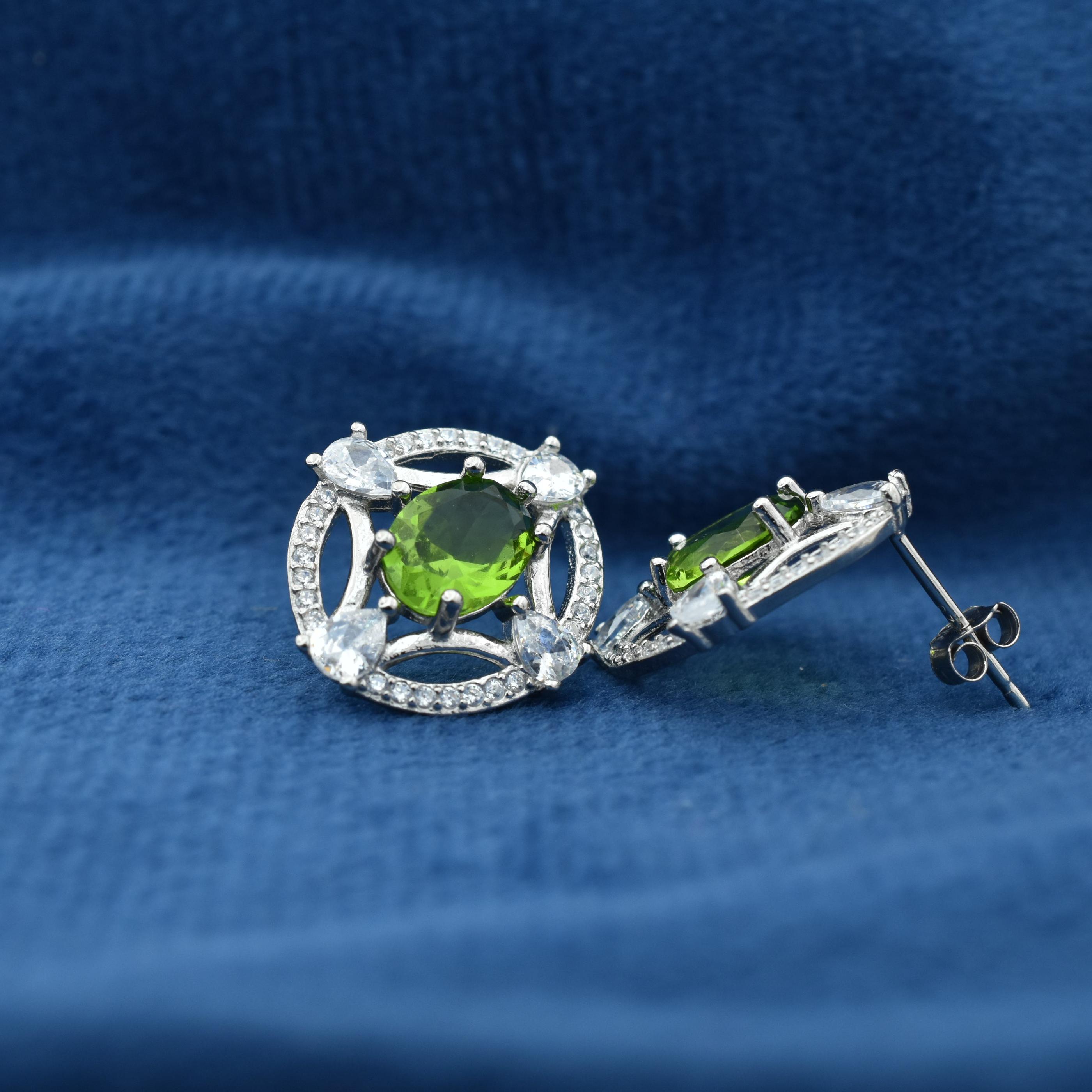 Sterling Silver Round Shape Green Stud Earrings