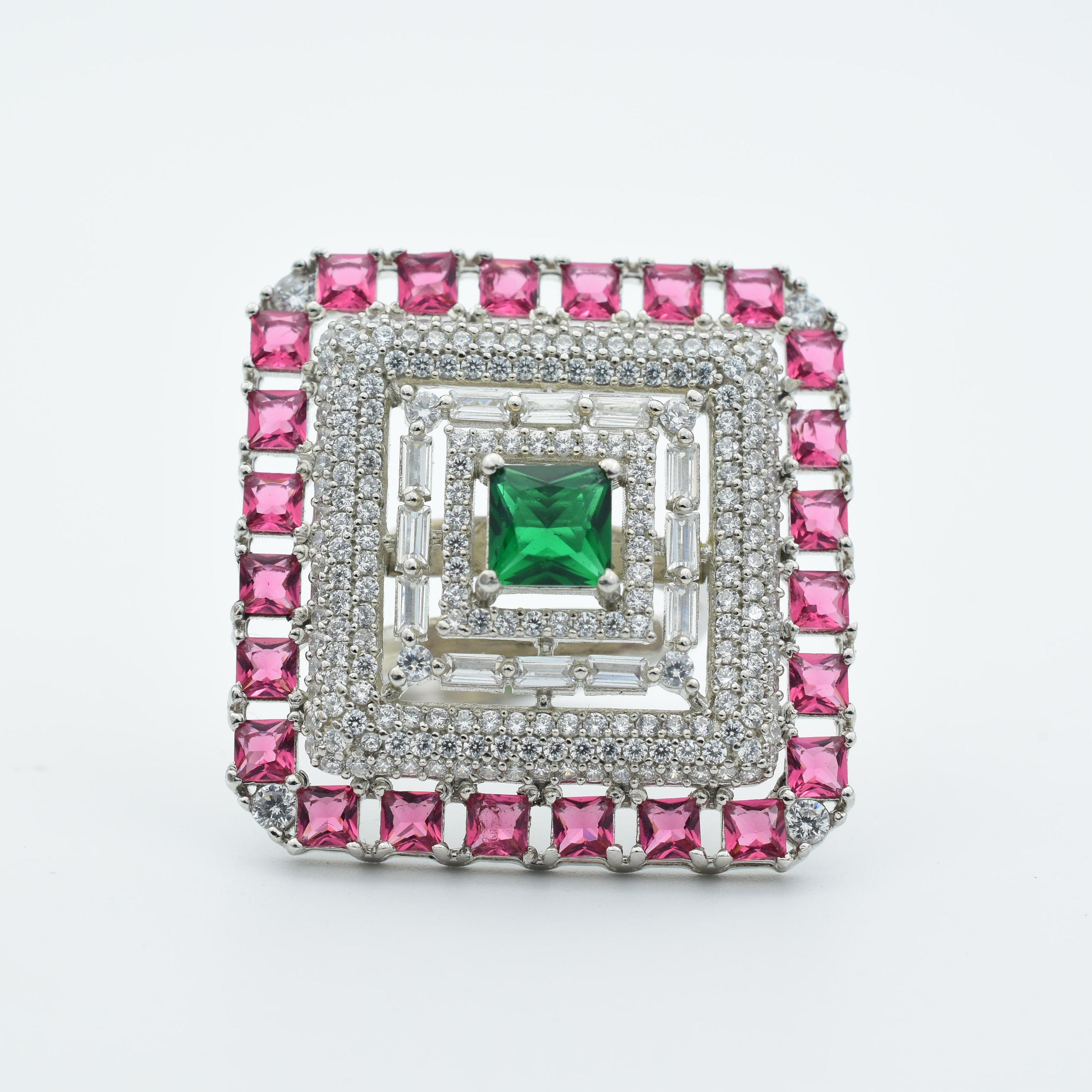 American Diamond Ruby and Emerald Cocktail Ring