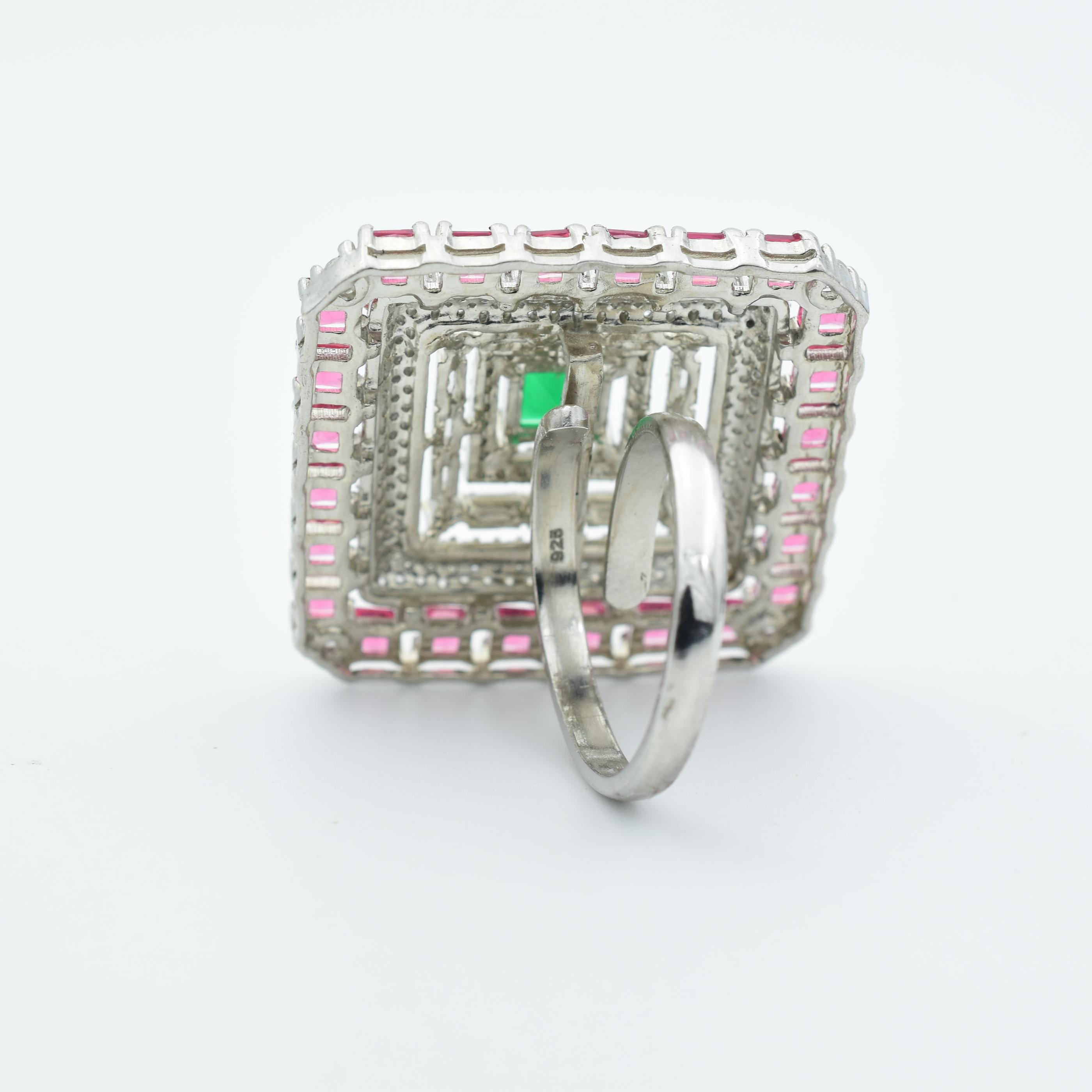 American Diamond Ruby and Emerald Cocktail Ring