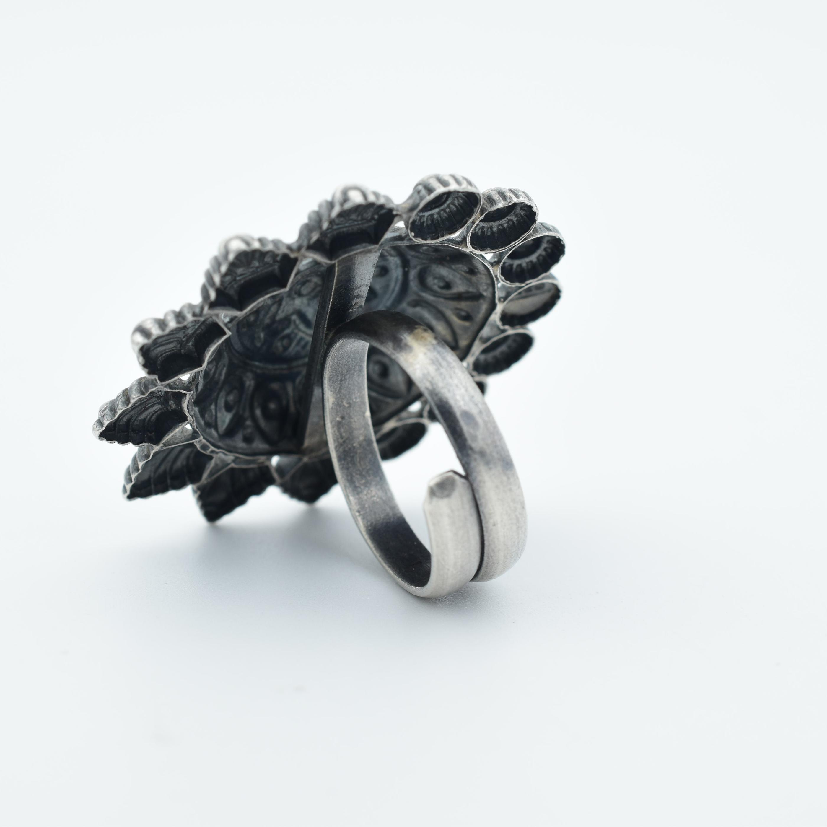 Silver Oxidised Floral Cocktail Ring