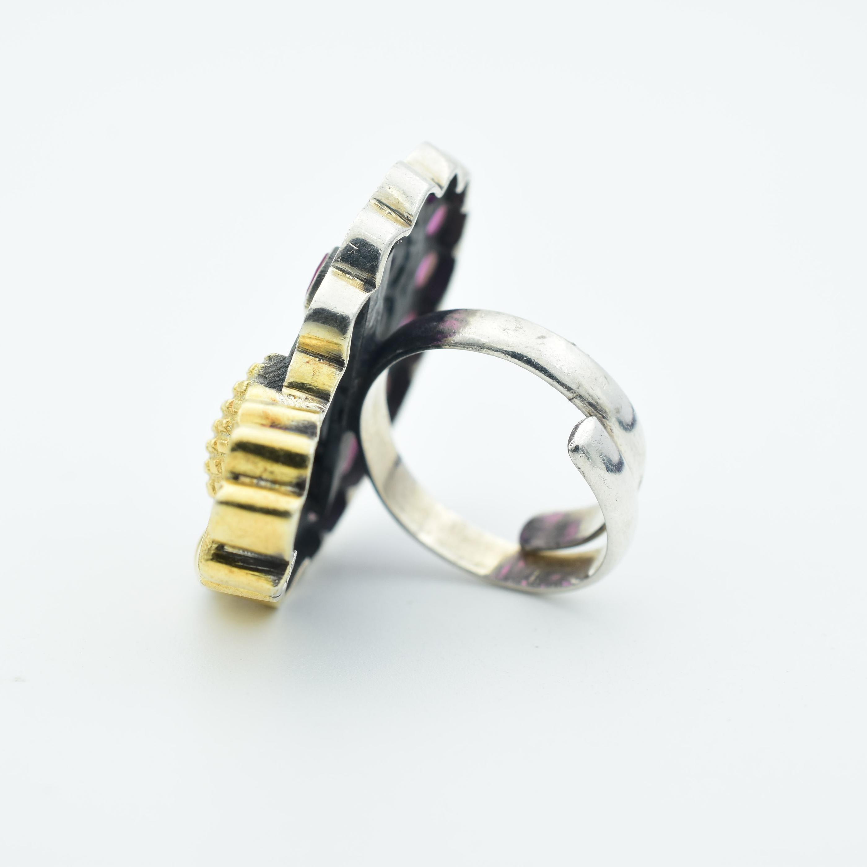 Gold Plated Purple Stone Studded Peacock Silver Cocktail Ring