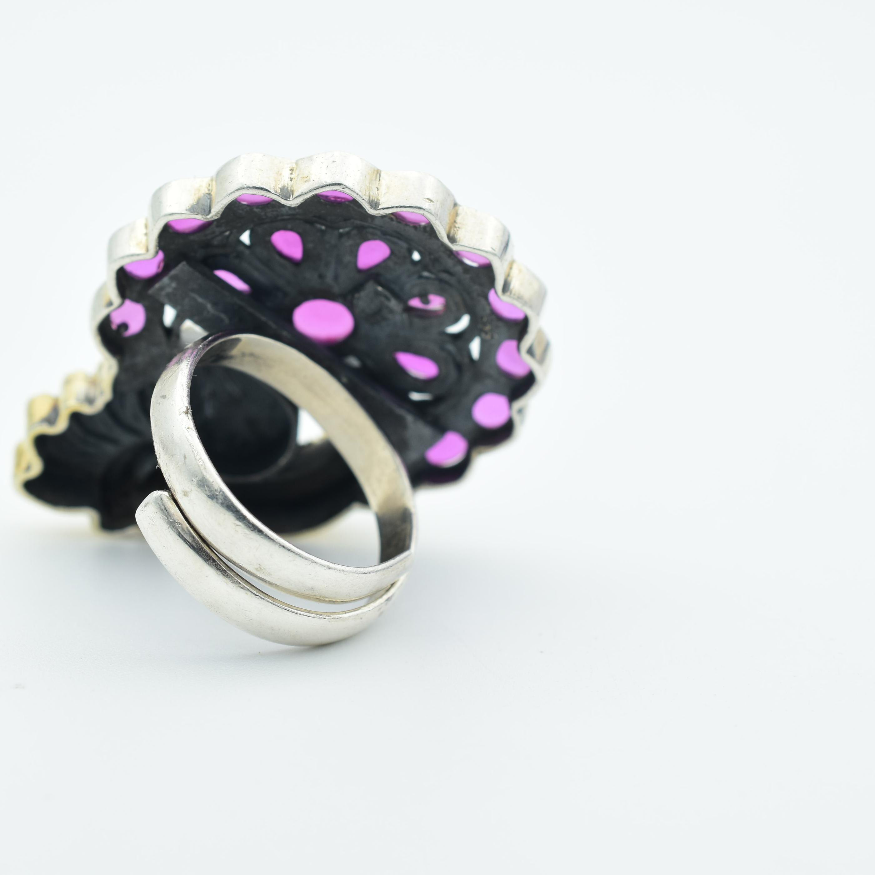 Gold Plated Purple Stone Studded Peacock Silver Cocktail Ring