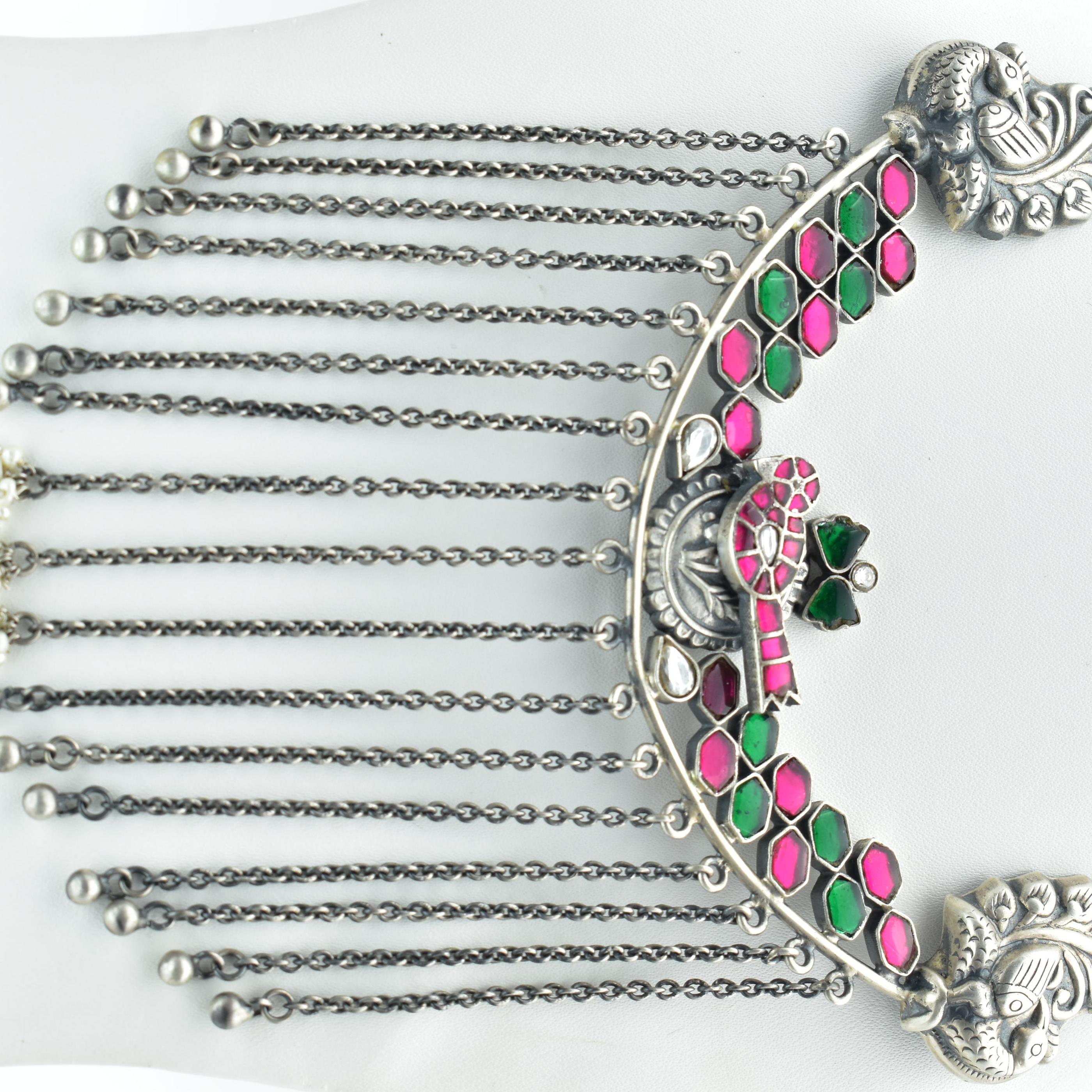 Silver Pink and Green tassels necklace