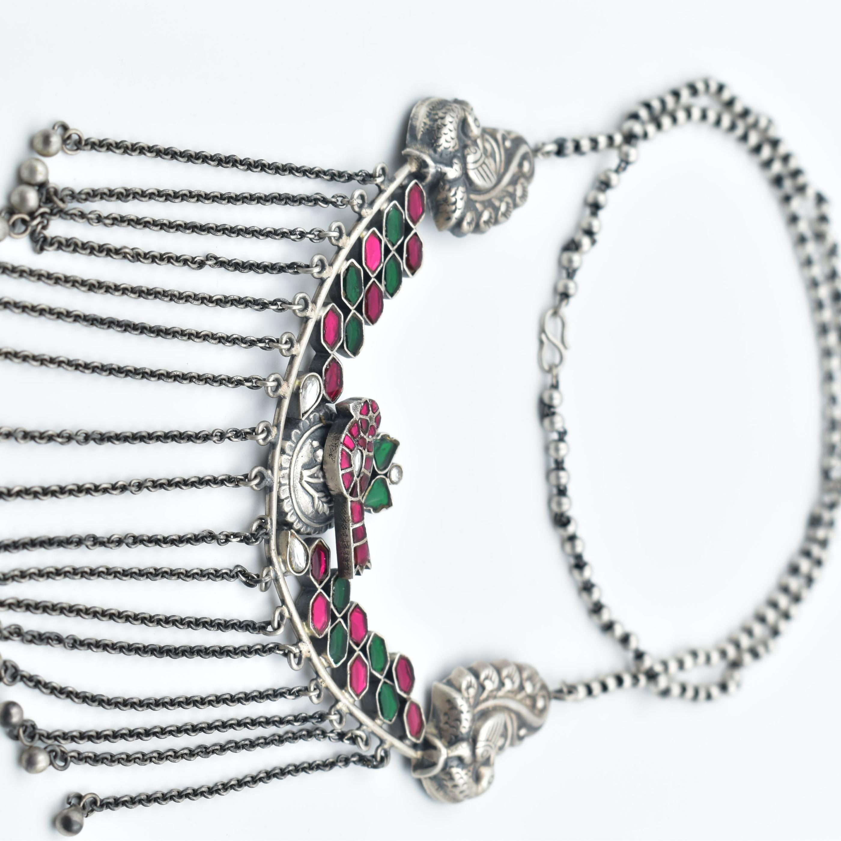 Silver Pink and Green tassels necklace