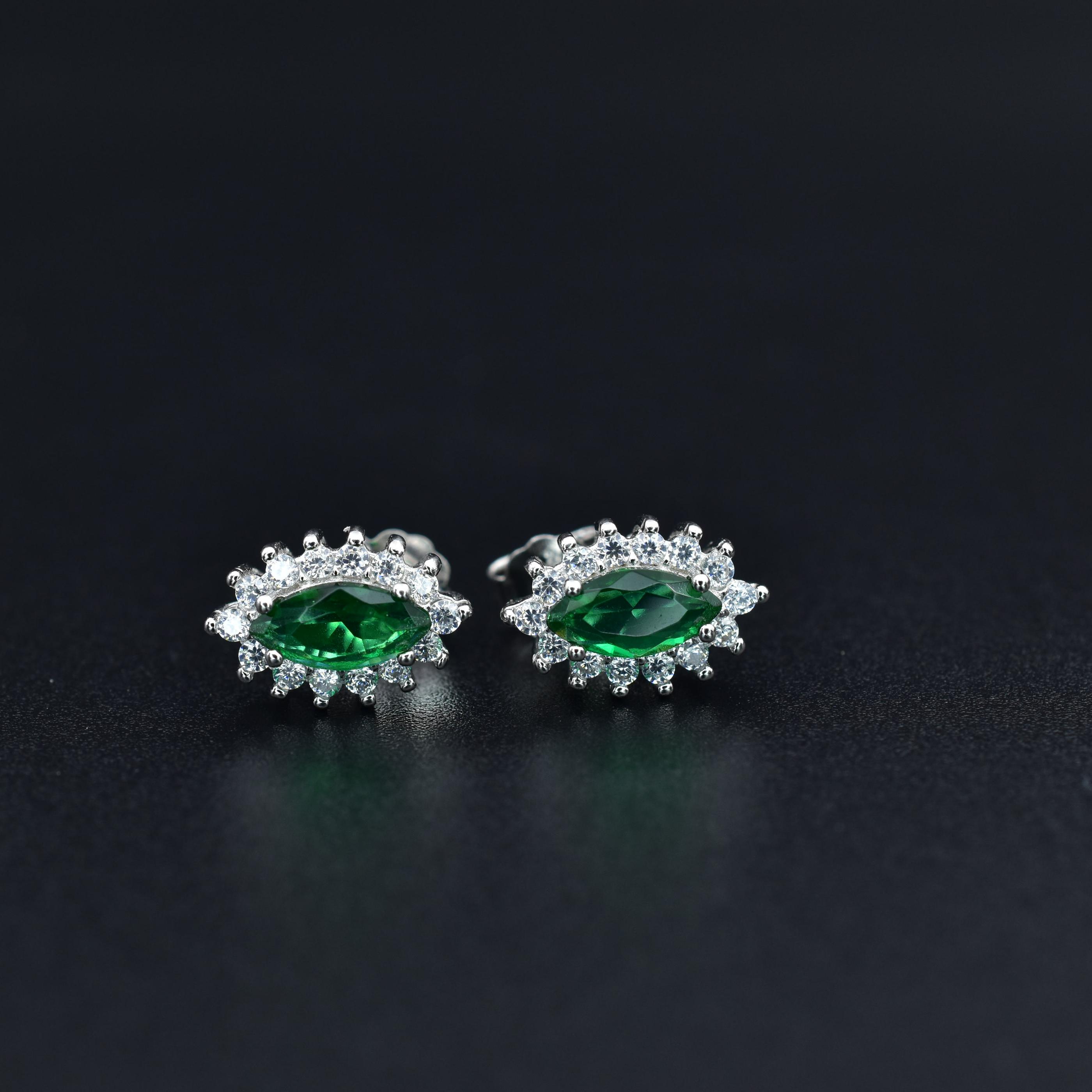 Dark Zambian Emerald Silver Stud Earrings