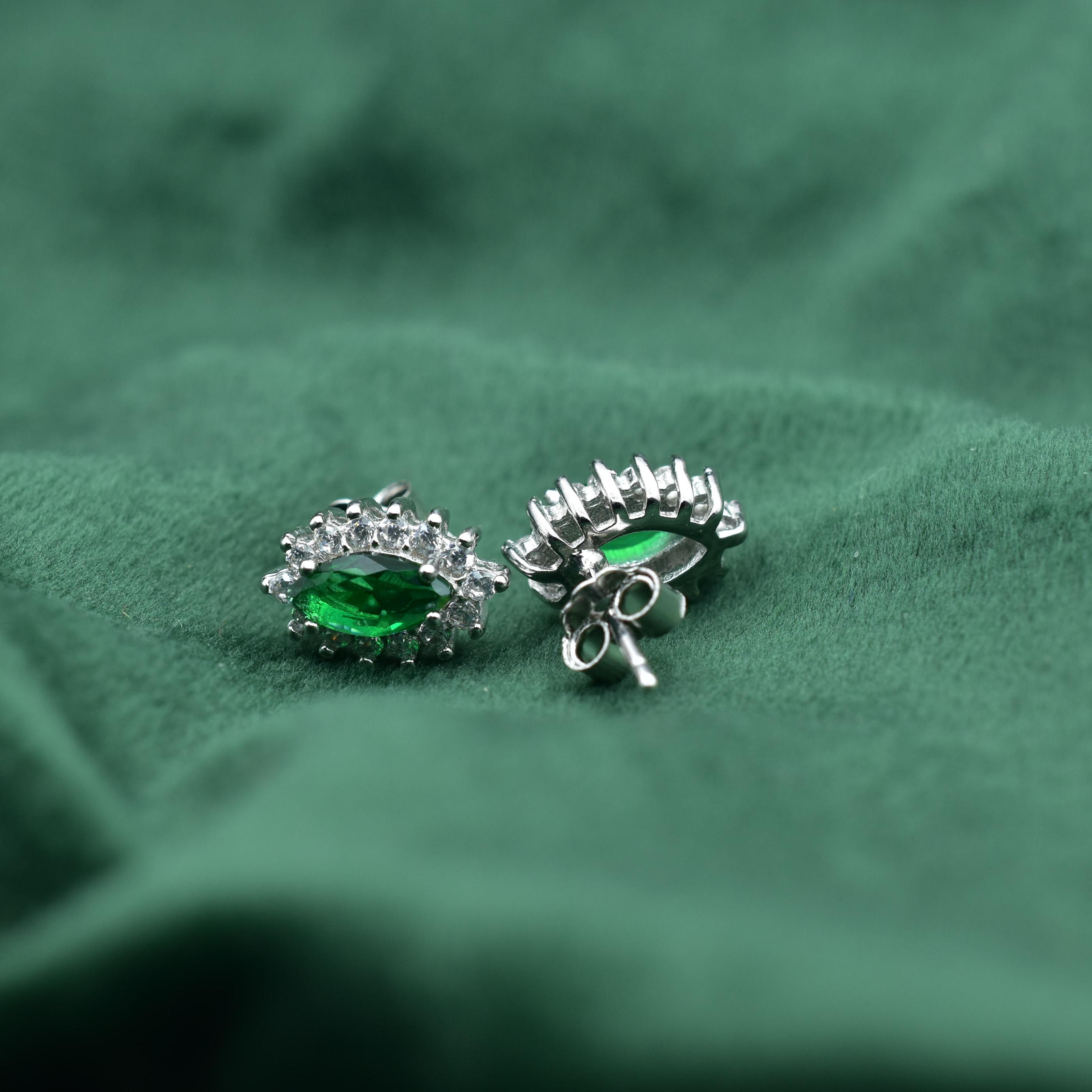 Dark Zambian Emerald Silver Stud Earrings