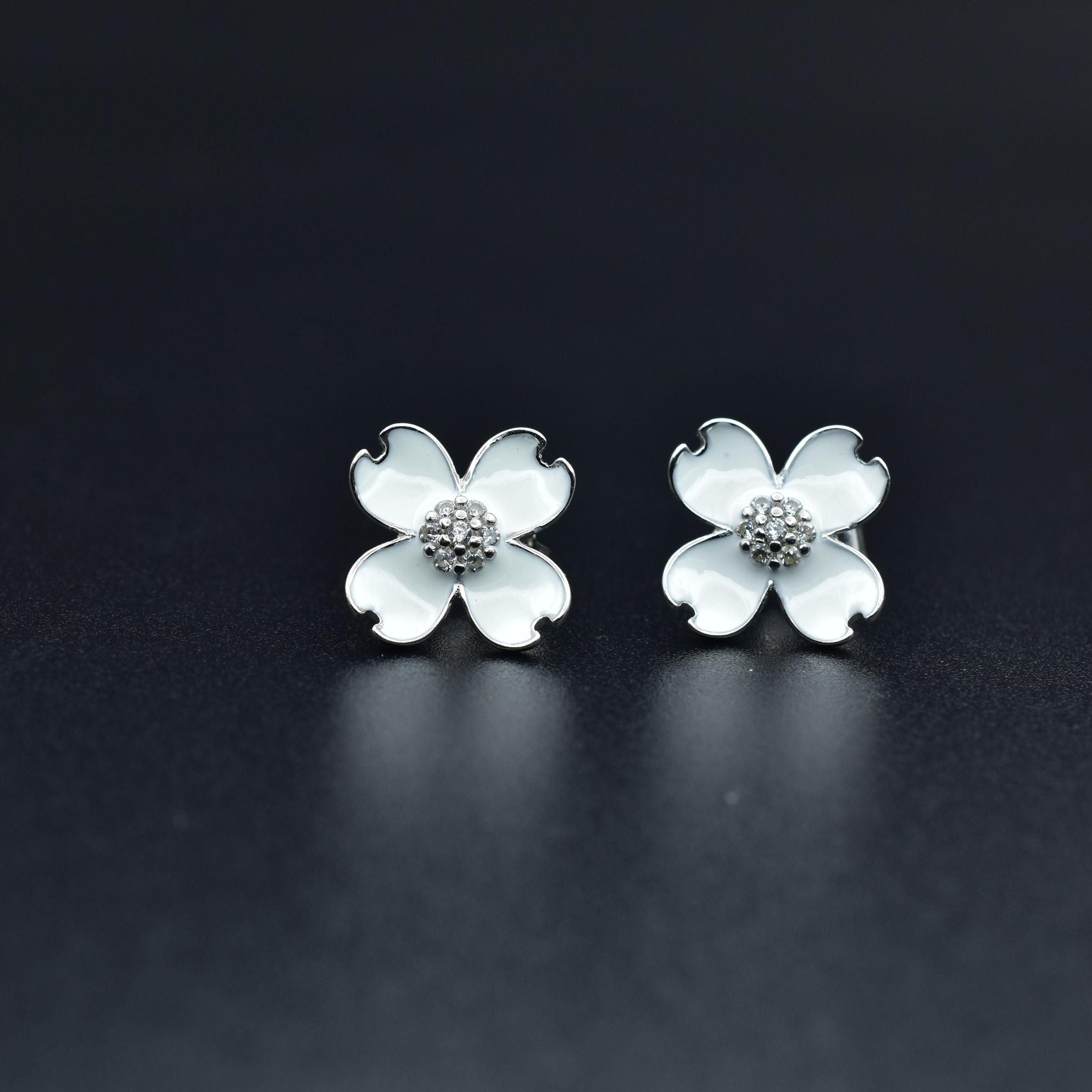 White Enamel Flower Sterling Silver Studs