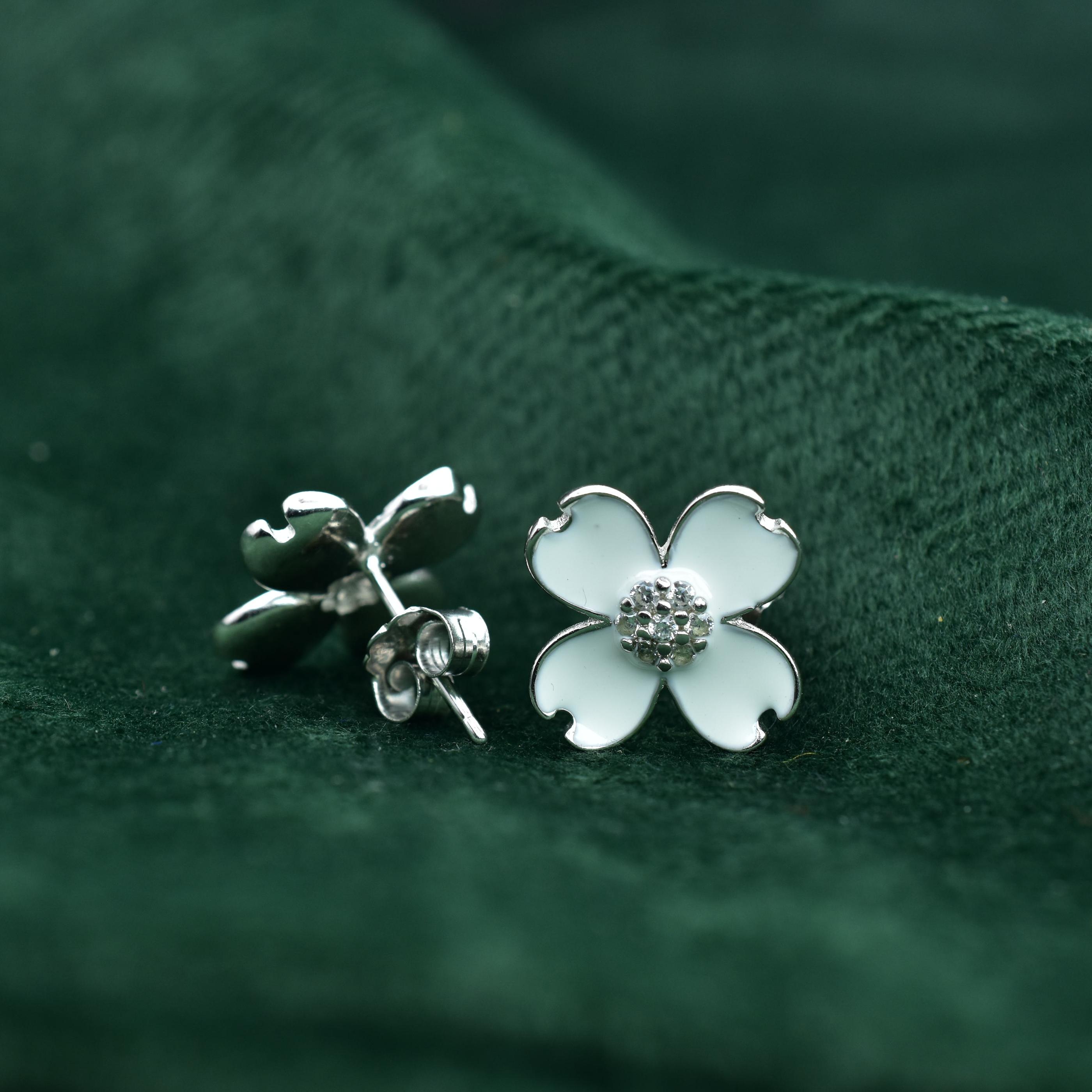 White Enamel Flower Sterling Silver Studs