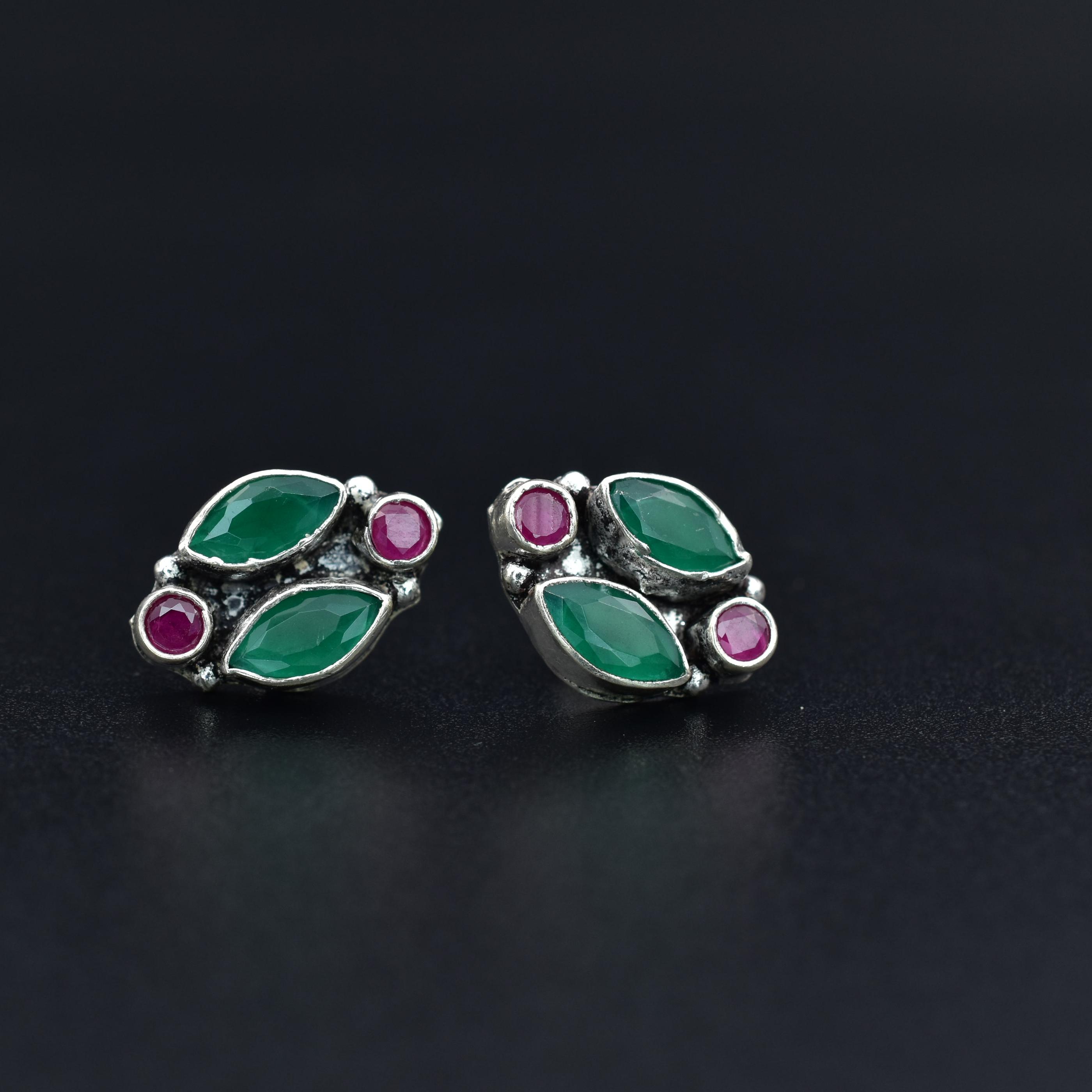 Ruby and White Topaz Silver Stud Earrings