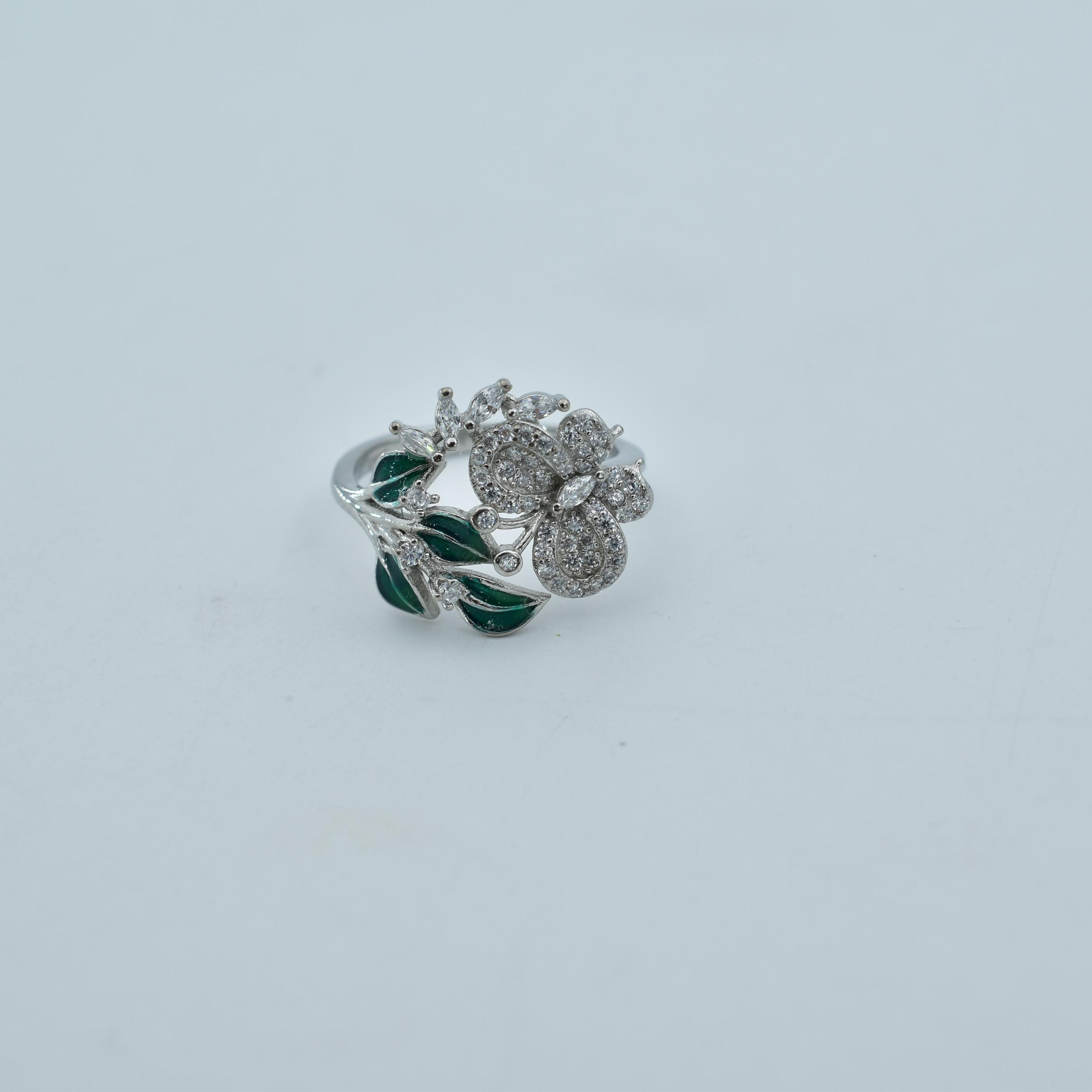 Sterling Silver White and Green Stone Studded Flower Style Ladies Ring
