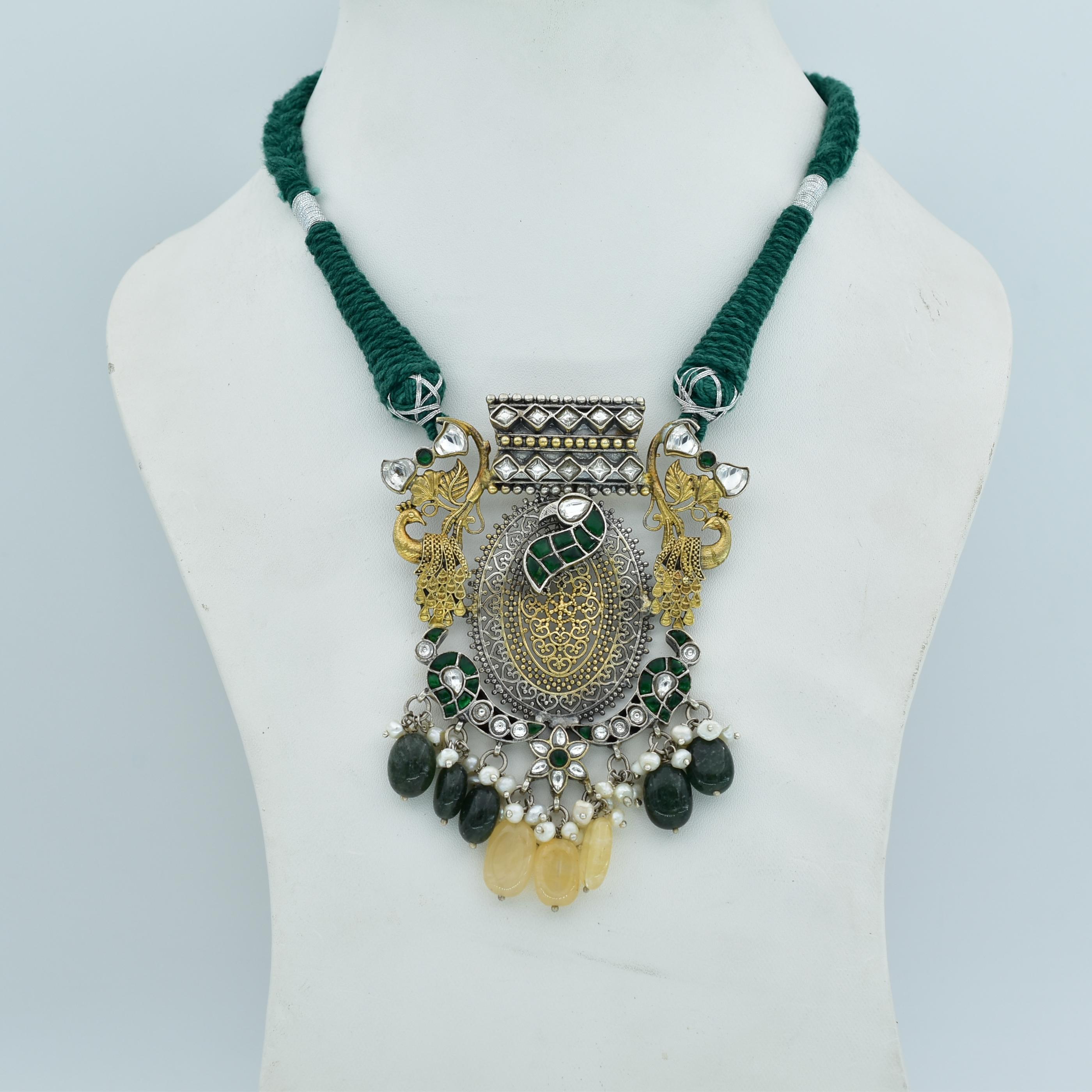 Gold-Plated Green and Yellow Stone Studded Necklace