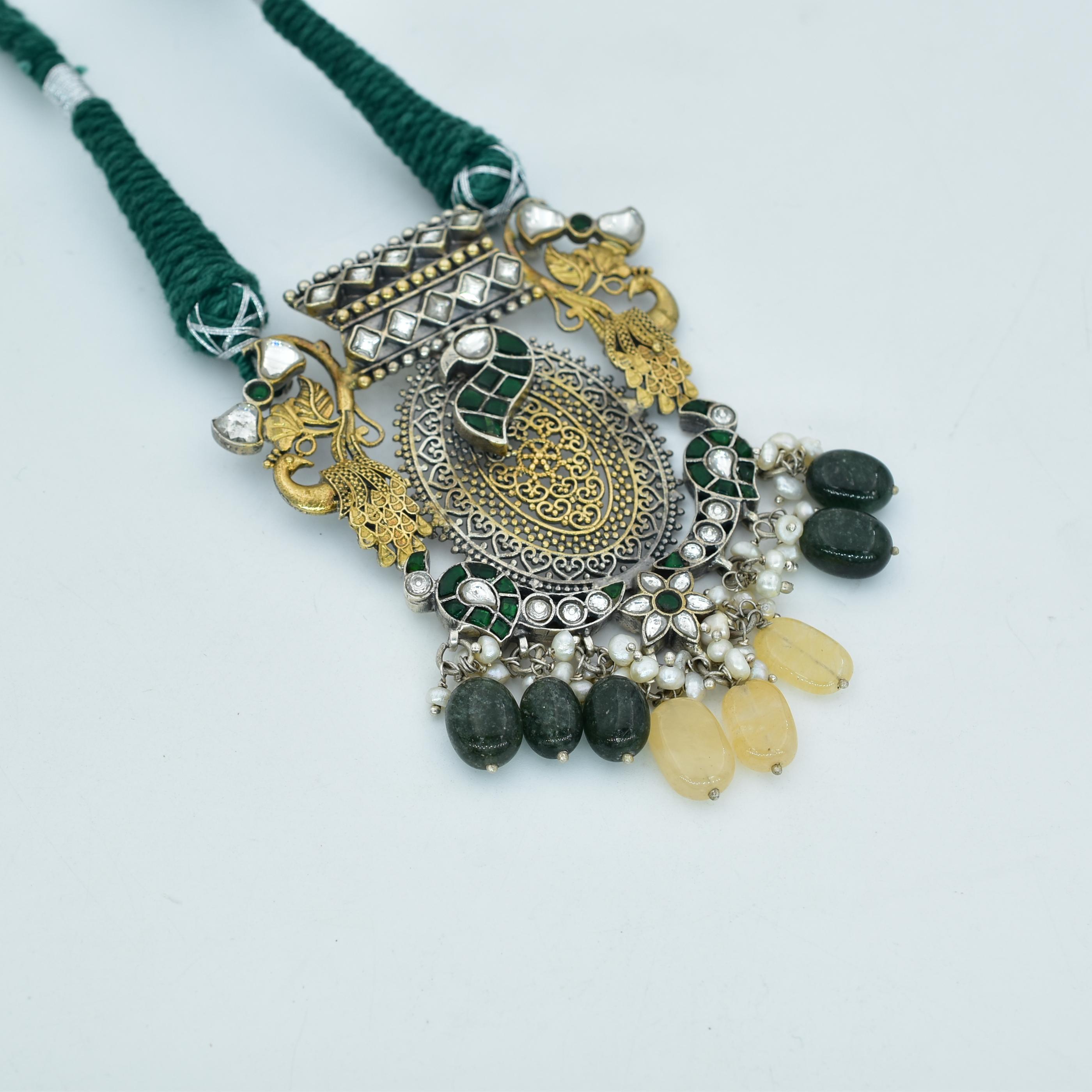 Gold-Plated Green and Yellow Stone Studded Necklace