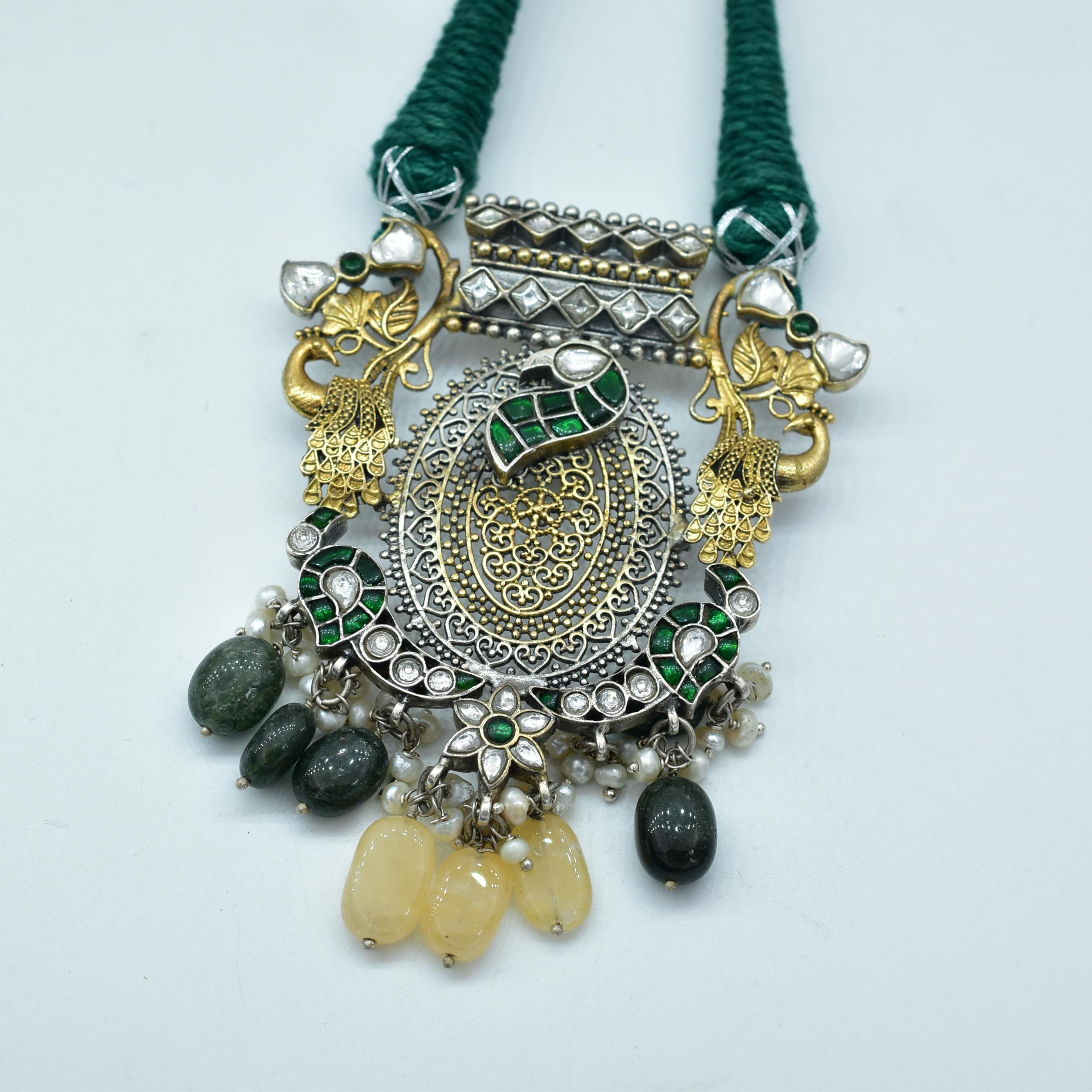 Gold-Plated Green and Yellow Stone Studded Necklace