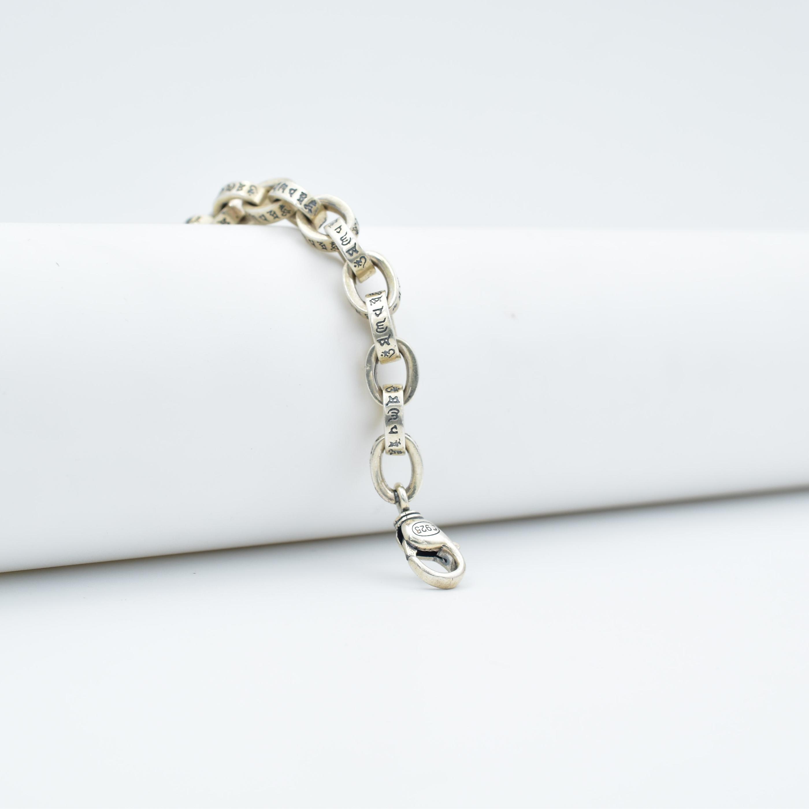 925 Sterling Silver Mens Thai Silver Punk Rock Style Buddhist Six-Character Mantra Cross Bracelet