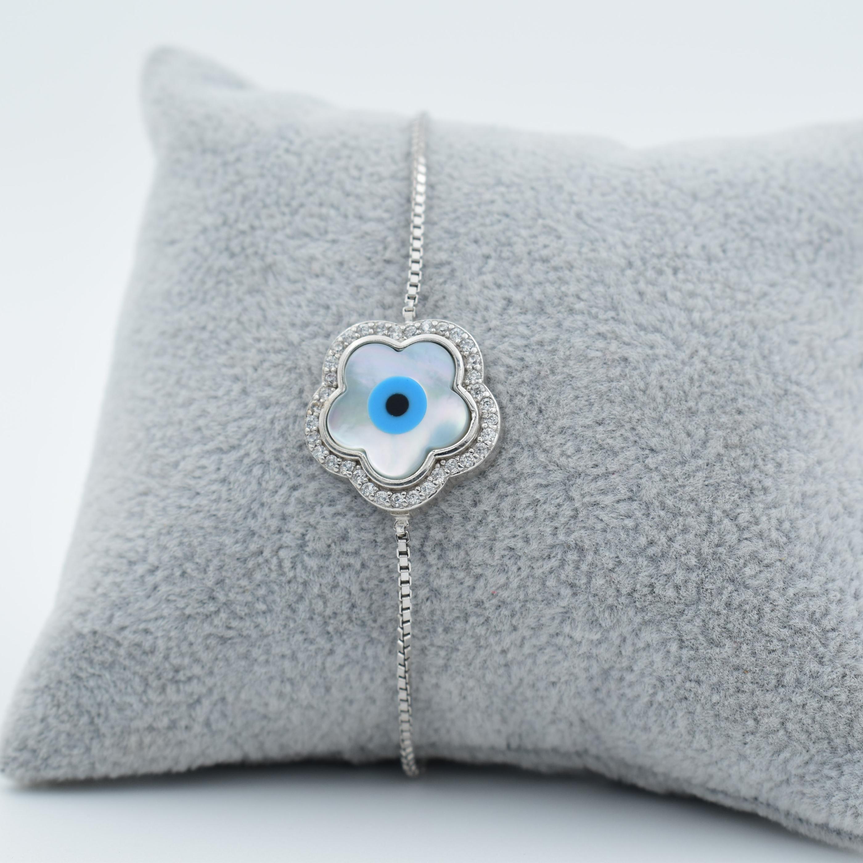 CLOVER EVIL EYE STERLING SILVER LADIES BRACELET