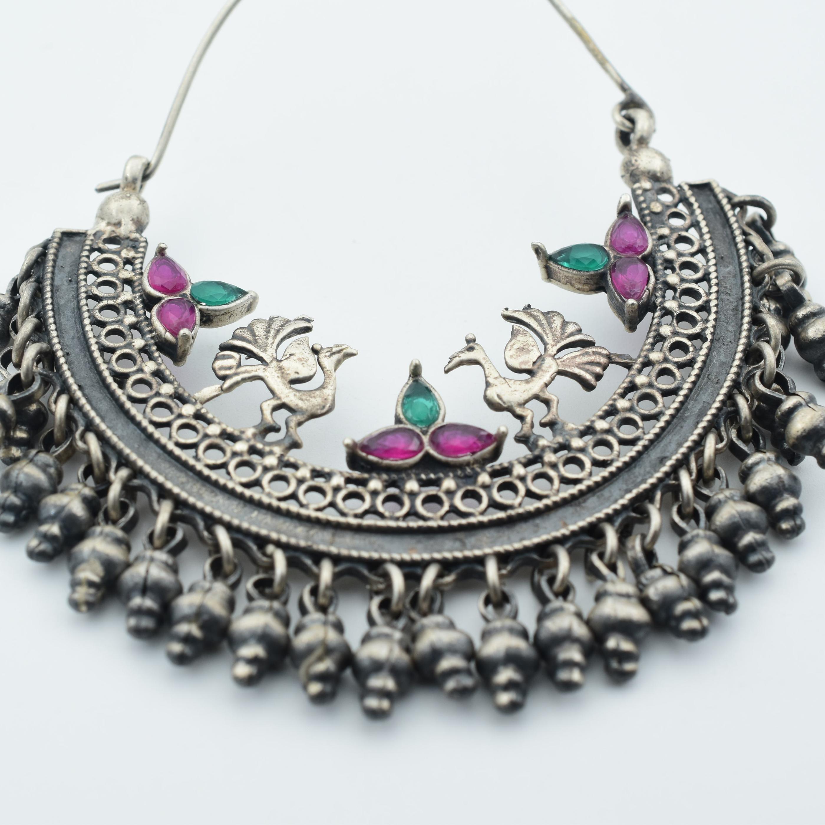 Silver Kundan-Studded Oxidised Peacock Detail Chandbalis