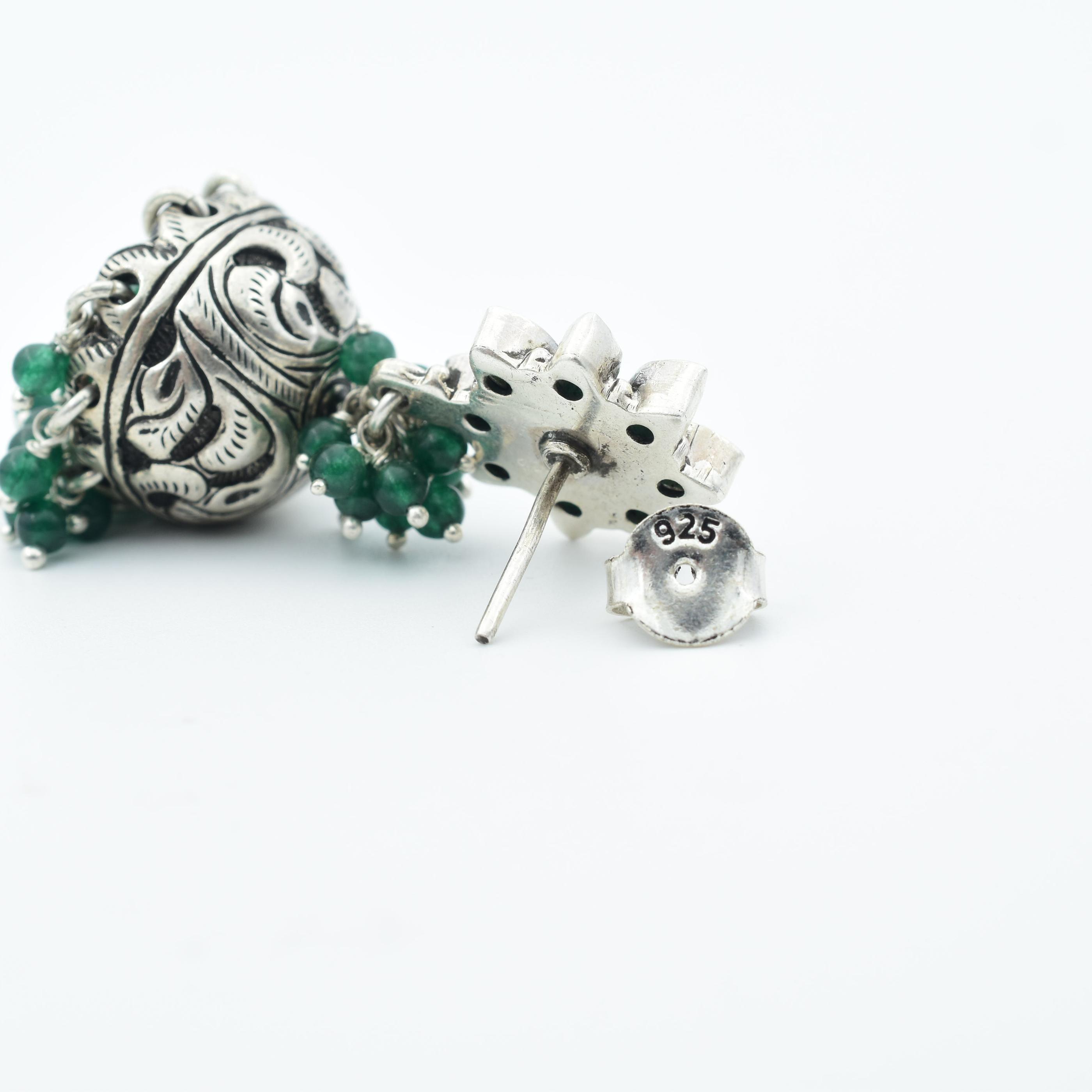 Silver Unique Designer Jhumki Which Embellished Green & Checker Gemstone With Chitai Work