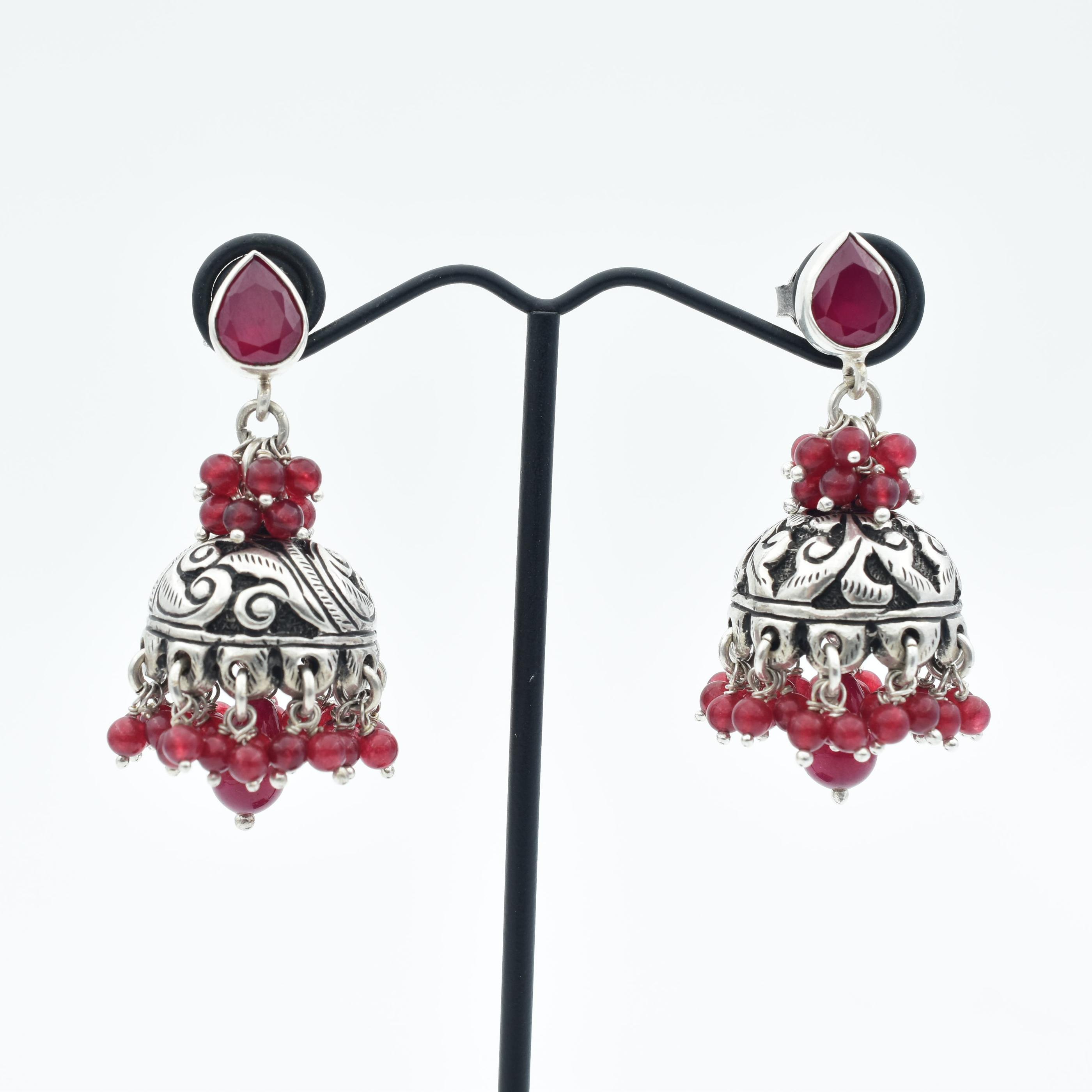 Red Stone Studded Sterling Silver Jhorokha Earrings
