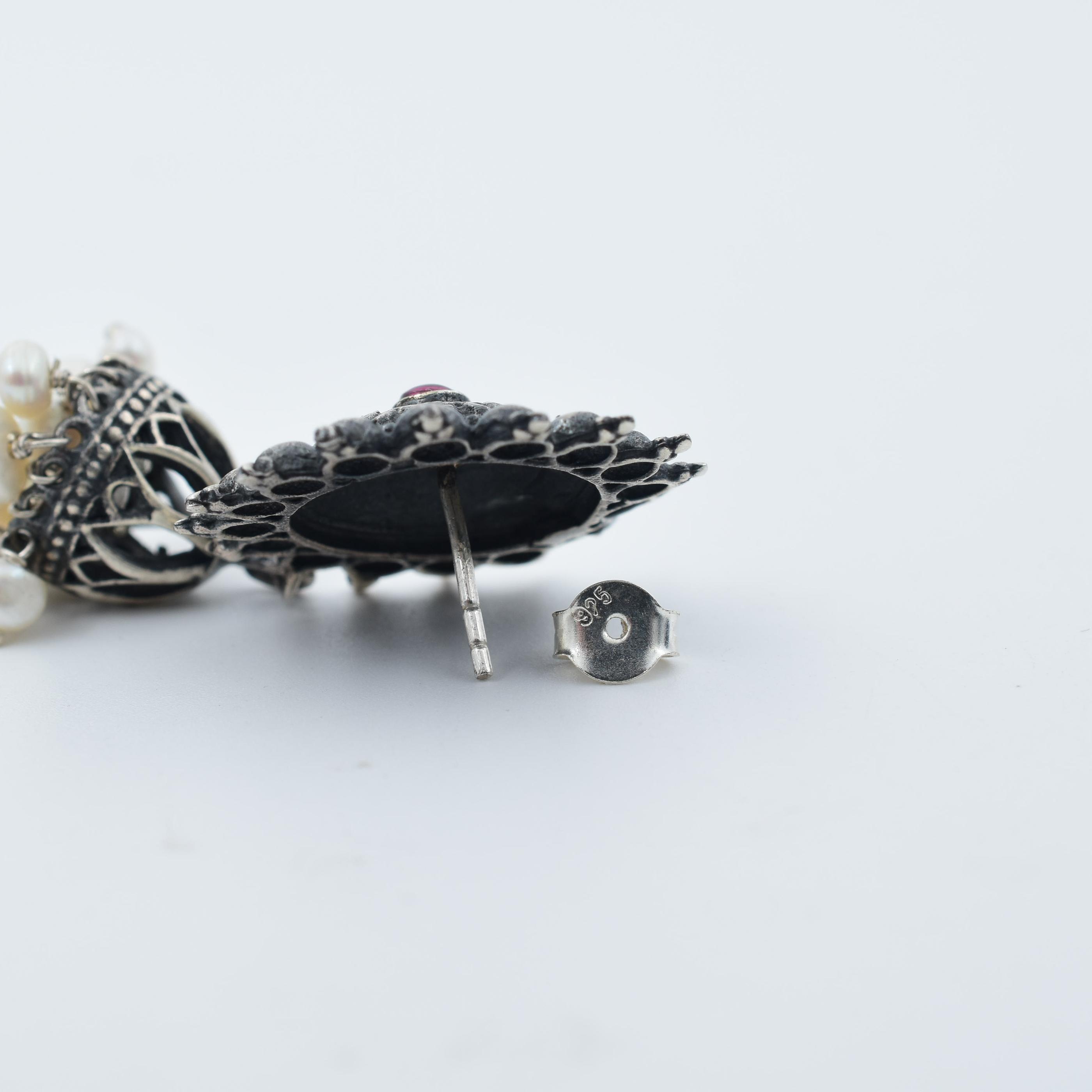 Sterling Silver Oxidised Floral Jhumki Earring