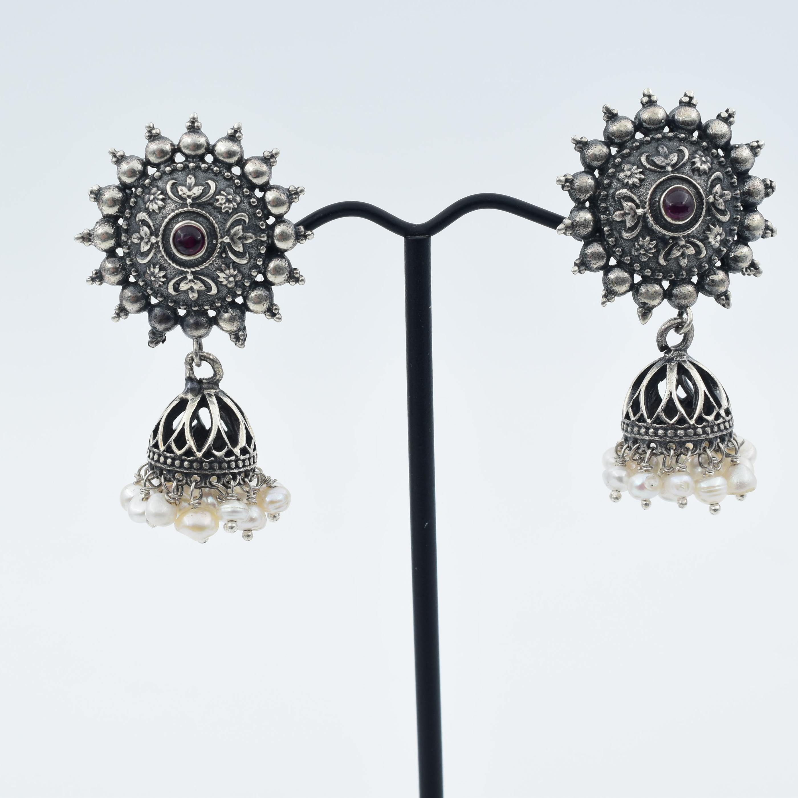 Sterling Silver Oxidised Floral Jhumki Earring