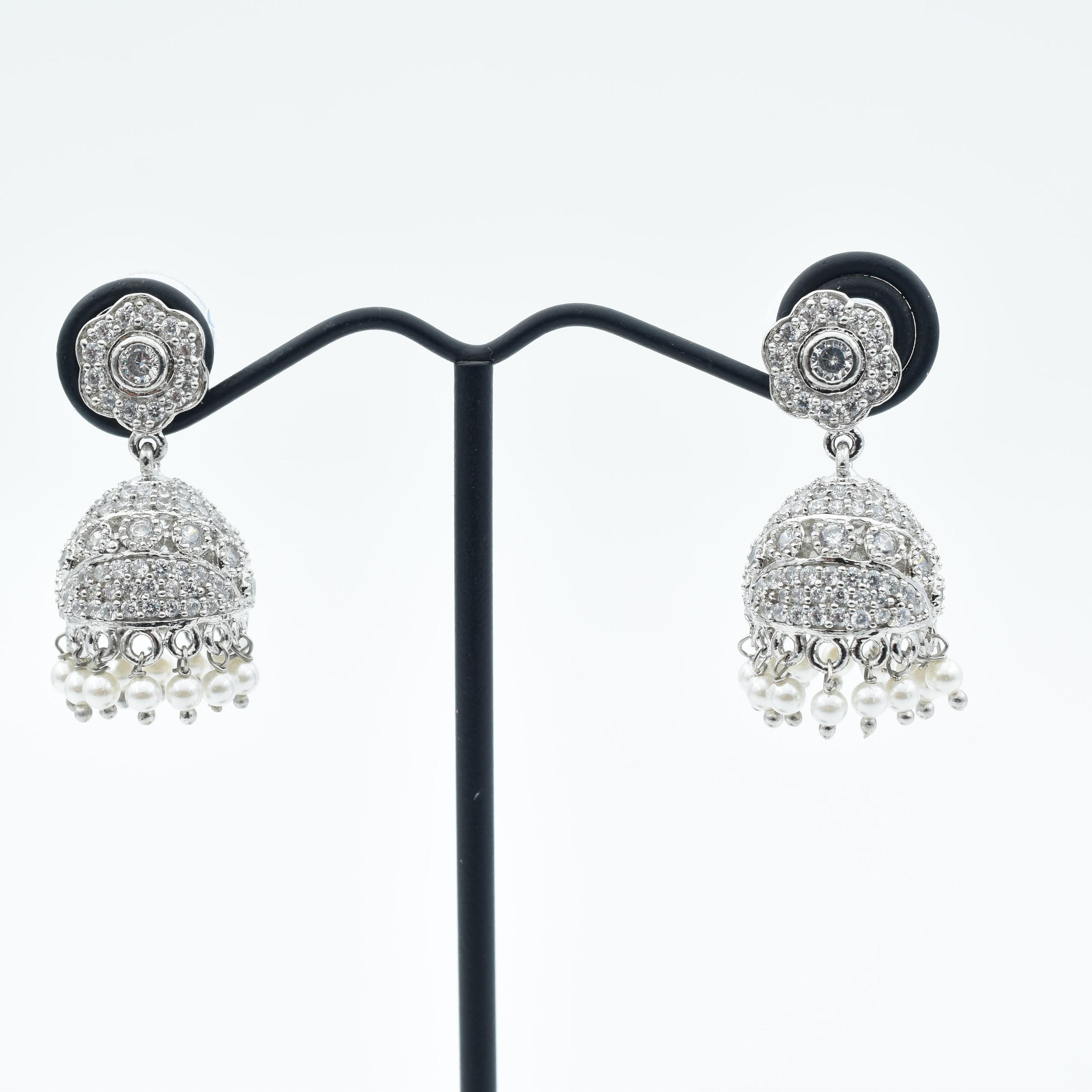 Silver Green Stone Studded Jhumka/Jhumki Earrings for Women & Girls