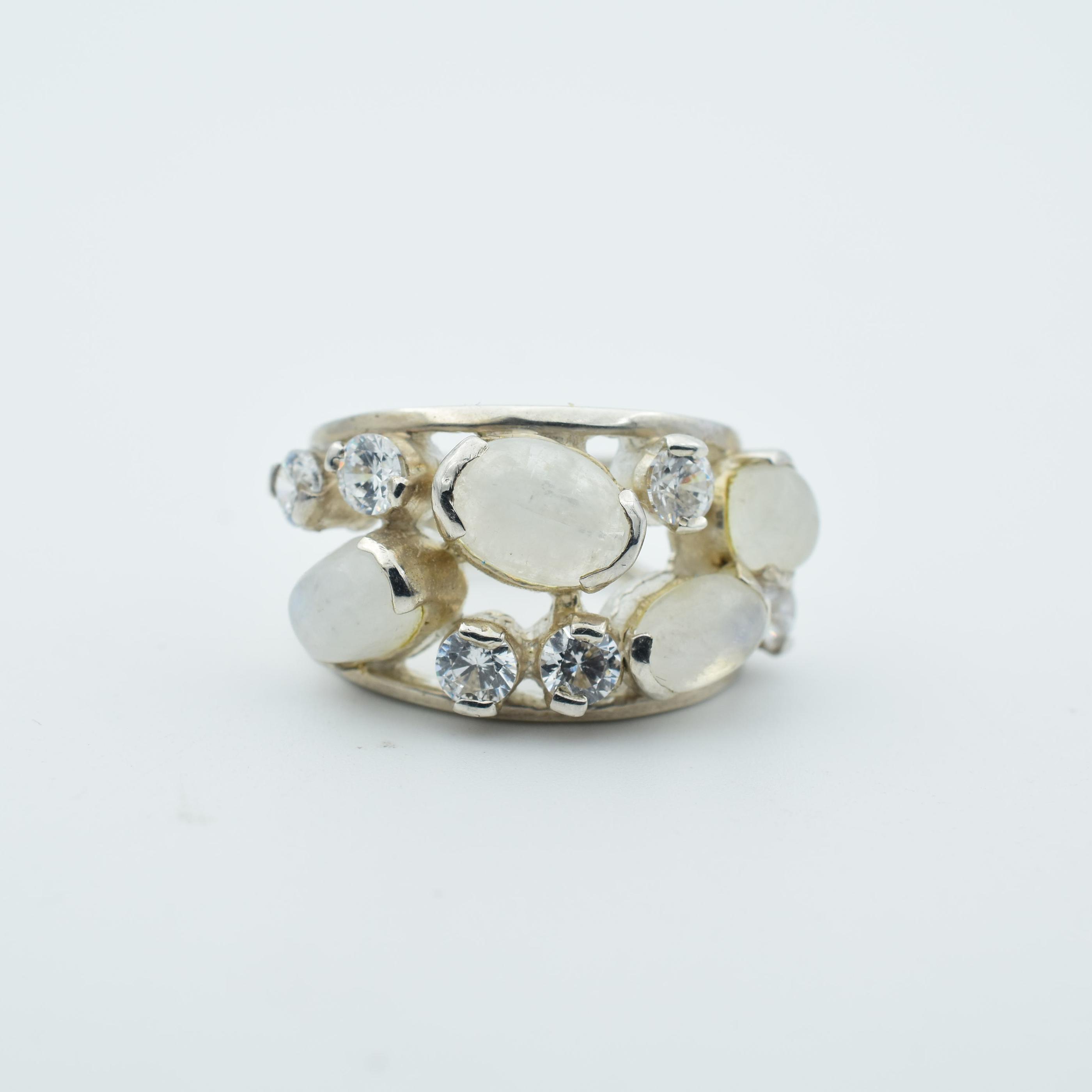 White Stone Stud Silver Ring