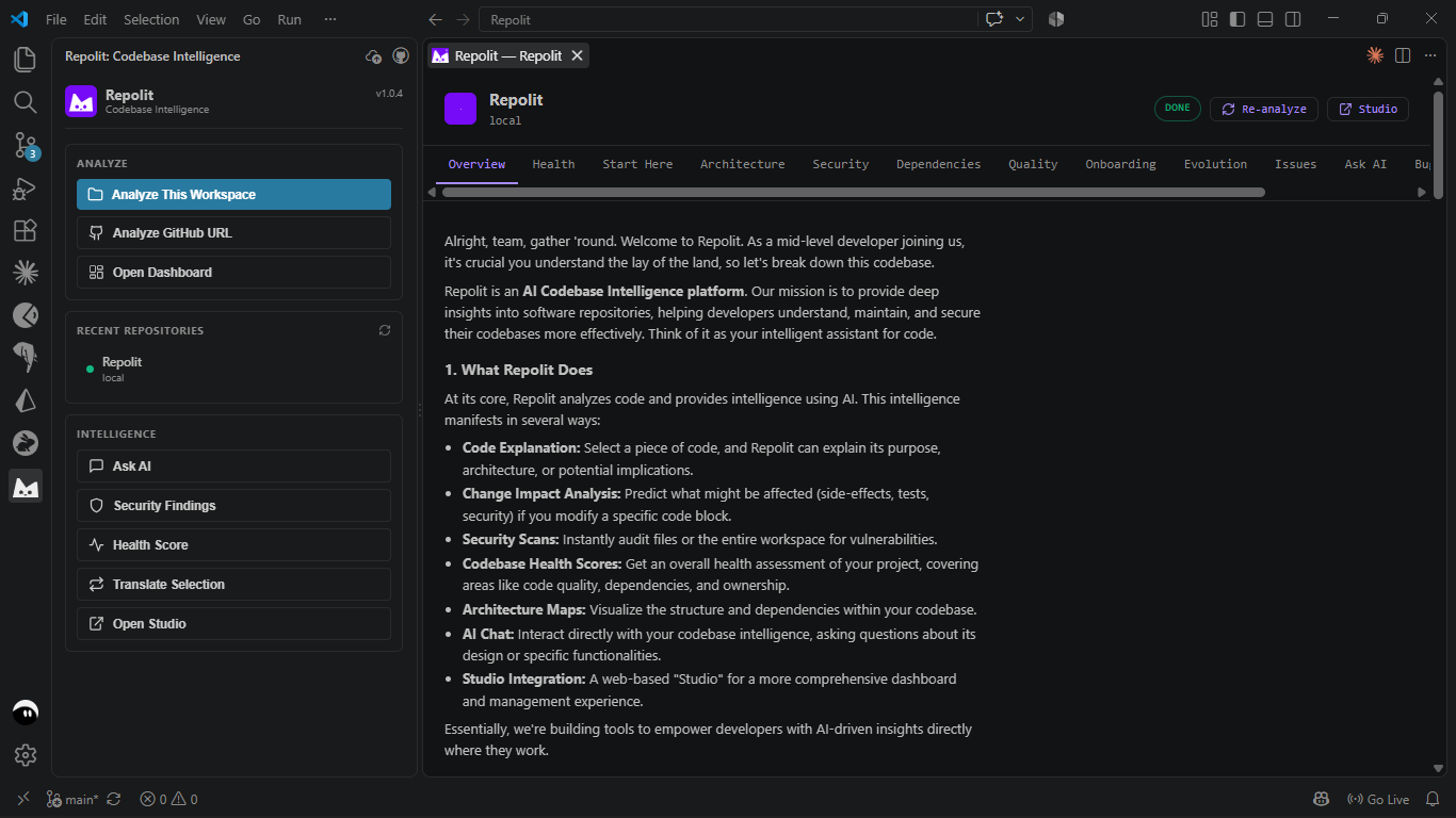 Repolit Codebase Intelligence in VS Code